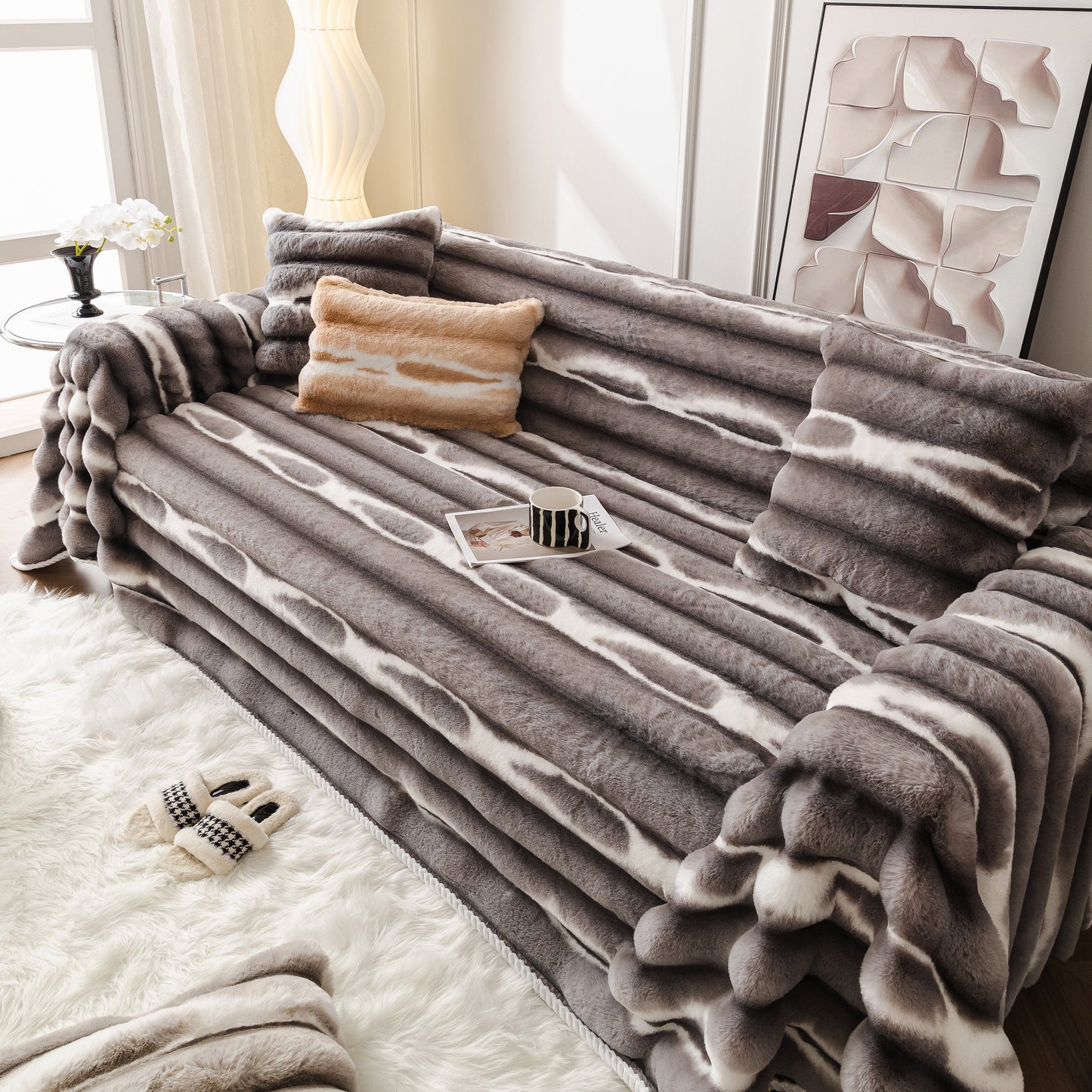Ultra Soft Faux Fur Couch Cover – Large, Fluffy, and Elegant Sofa Throw Blanket on stylish modern sofa.