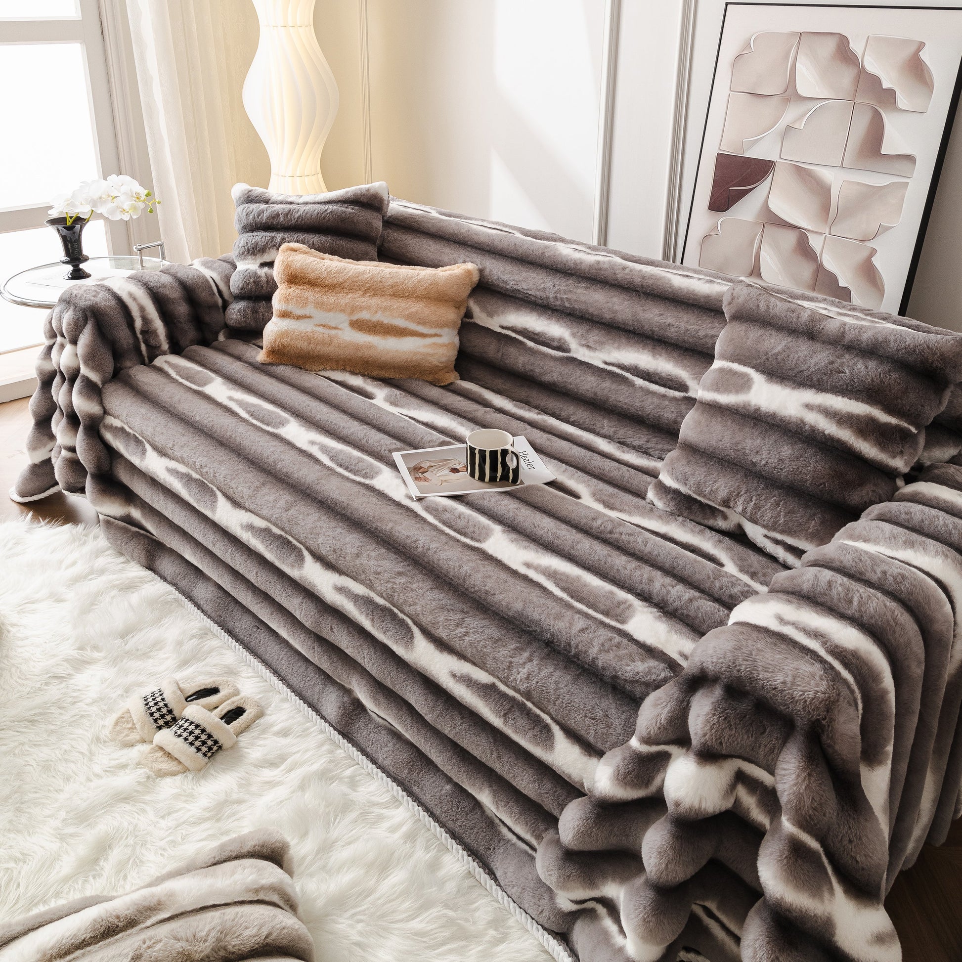 Ultra Soft Faux Fur Couch Cover – Large, Fluffy, and Elegant Sofa Throw Blanket on stylish modern sofa.