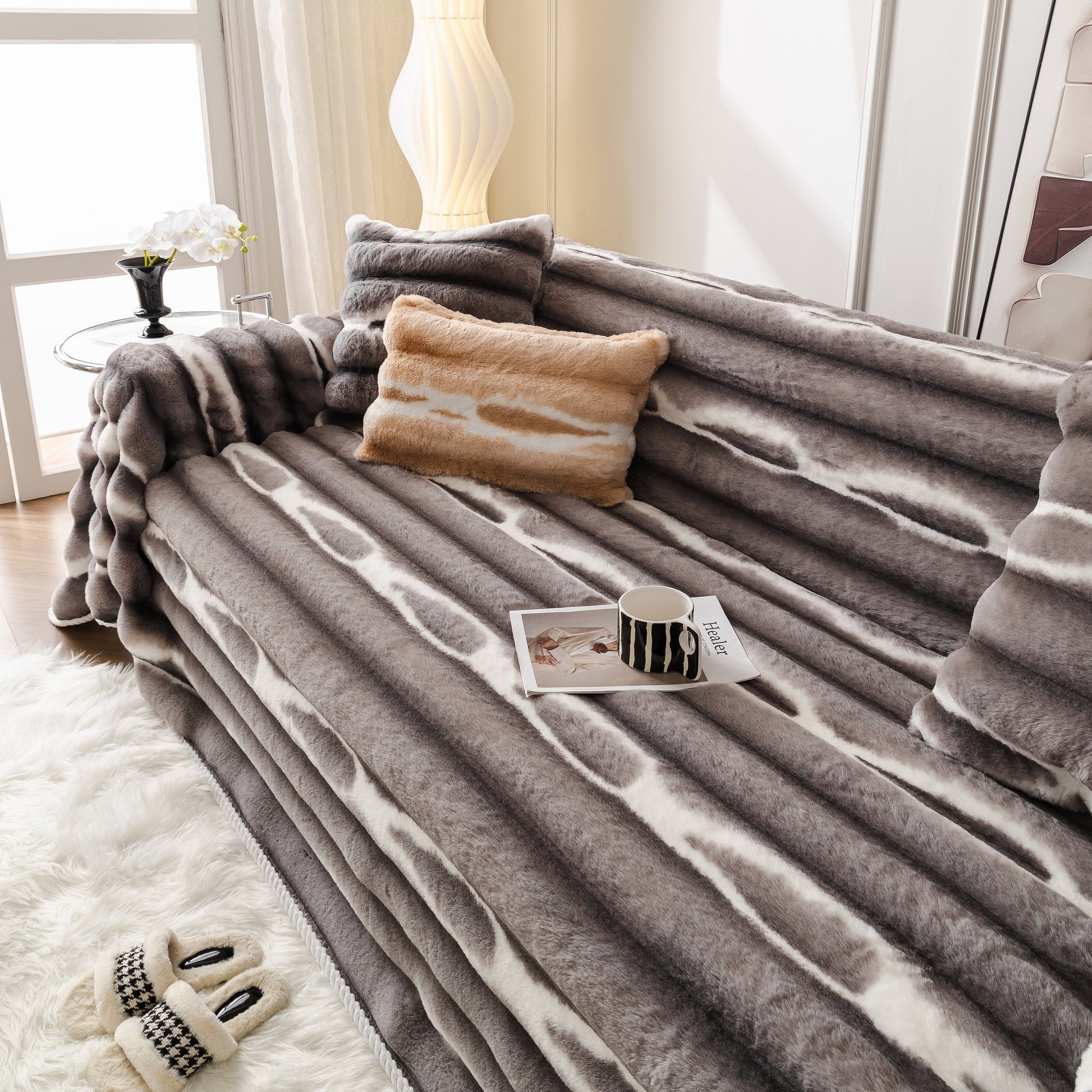 Ultra Soft Faux Fur Couch Cover – Large, Fluffy, and Elegant Sofa Throw Blanket on a stylish sofa.