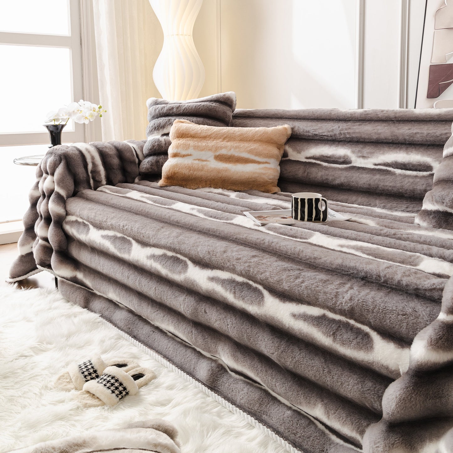 Ultra Soft Faux Fur Couch Cover – Large, Fluffy, and Elegant Sofa Throw Blanket displayed on a cozy sofa in a modern living room.