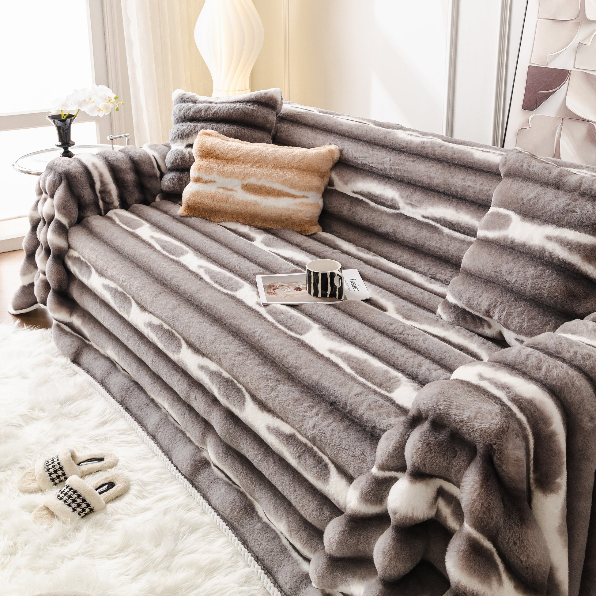 Ultra Soft Faux Fur Couch Cover – Large, Fluffy, and Elegant Sofa Throw Blanket on stylish modern living room sofa.