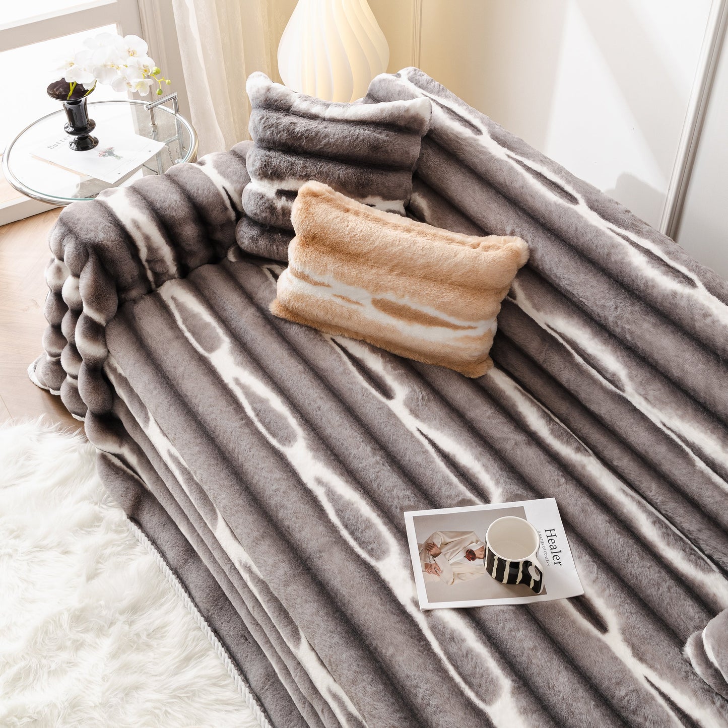 Ultra Soft Faux Fur Couch Cover – Large, Fluffy, and Elegant Sofa Throw Blanket enhancing a modern living room.