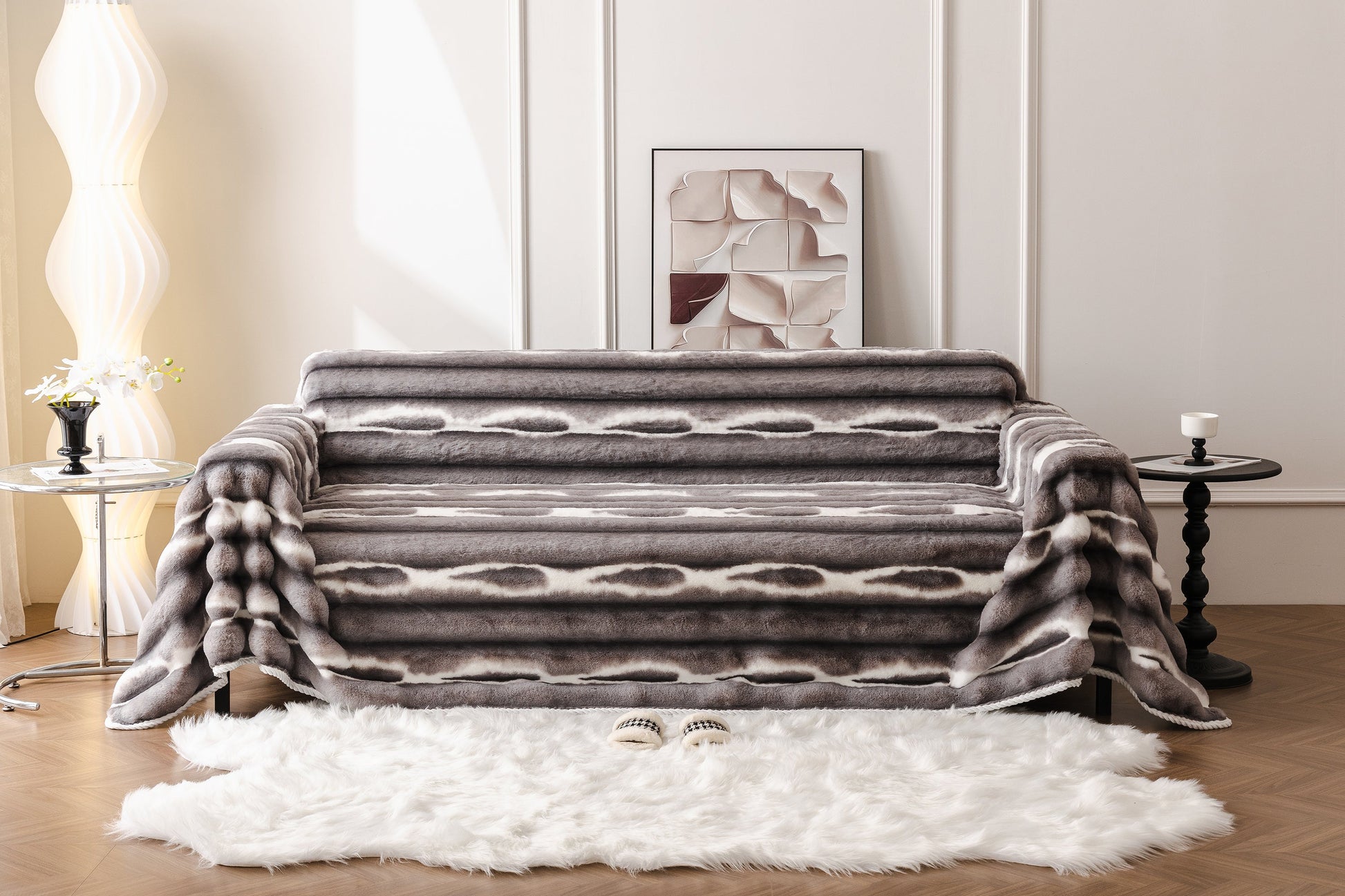 Living room with Ultra Soft Faux Fur Couch Cover – Large, Fluffy, and Elegant Sofa Throw Blanket draped over a sofa, enhancing decor.