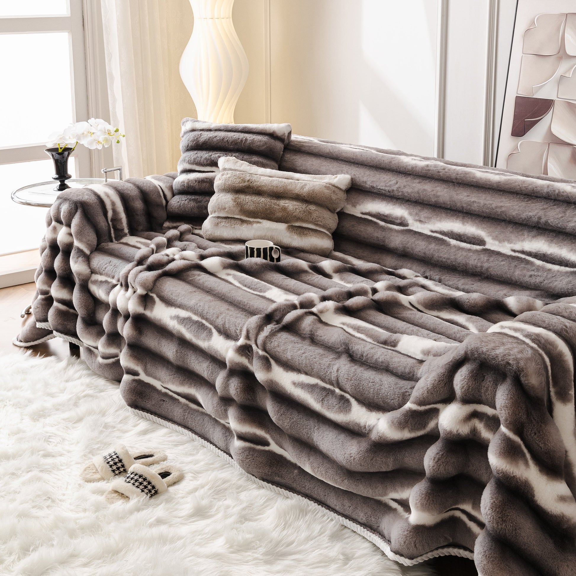Ultra Soft Faux Fur Couch Cover – Large, Fluffy, and Elegant Sofa Throw Blanket enhancing a stylish living room.