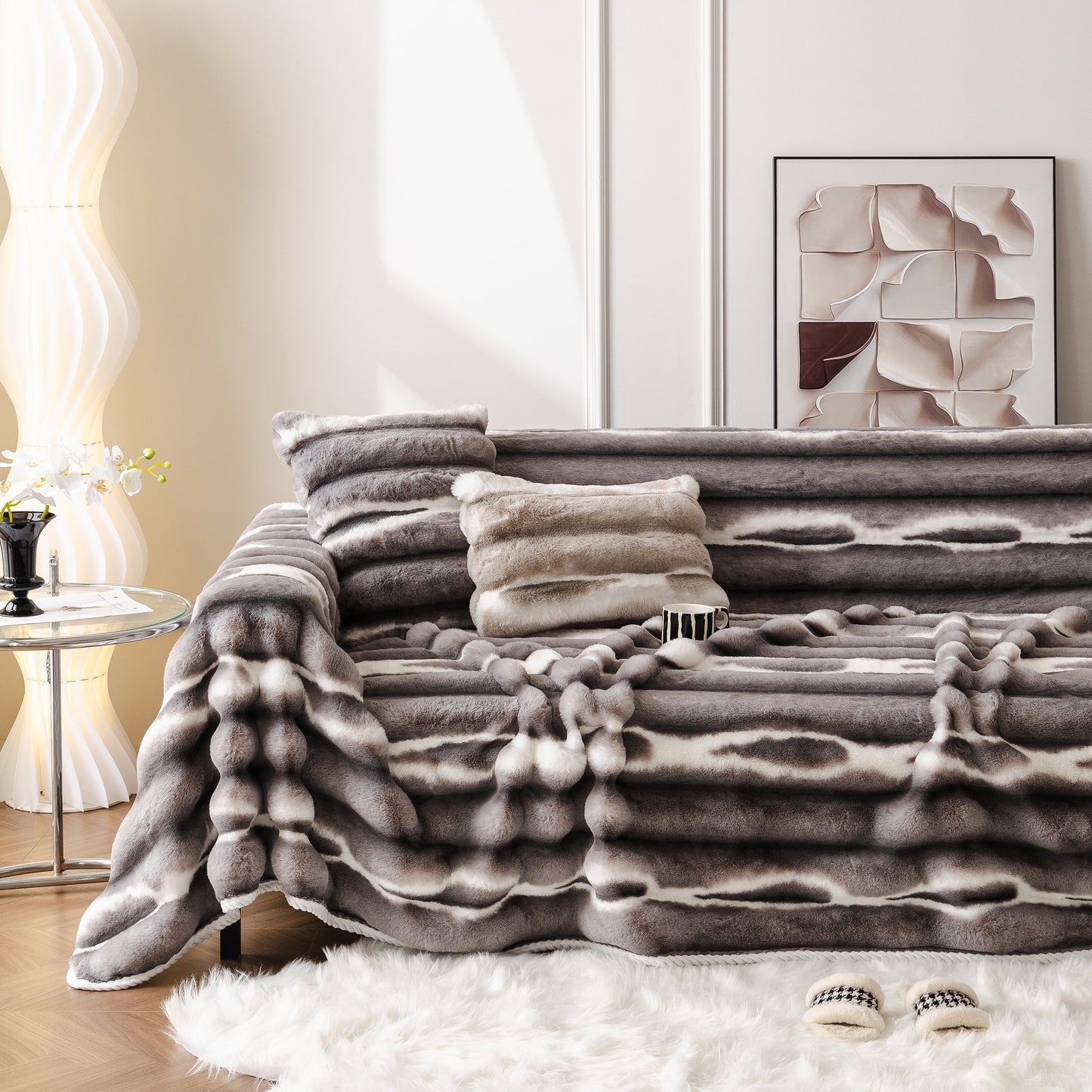 Ultra Soft Faux Fur Couch Cover – Large, Fluffy, and Elegant Sofa Throw Blanket in a luxurious living room setting.