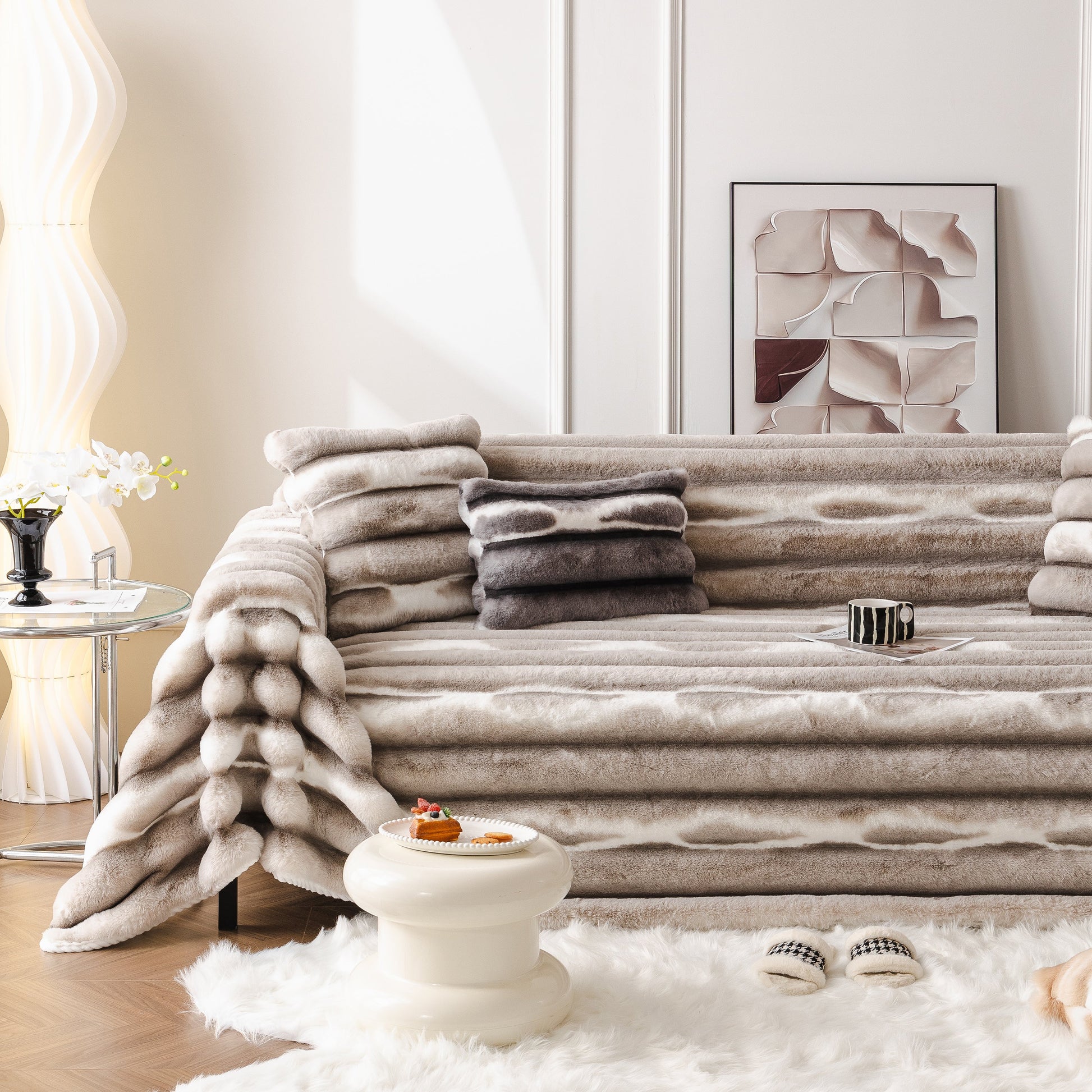 Ultra Soft Faux Fur Couch Cover – Large, Fluffy, and Elegant Sofa Throw Blanket on modern sofa in stylish living room