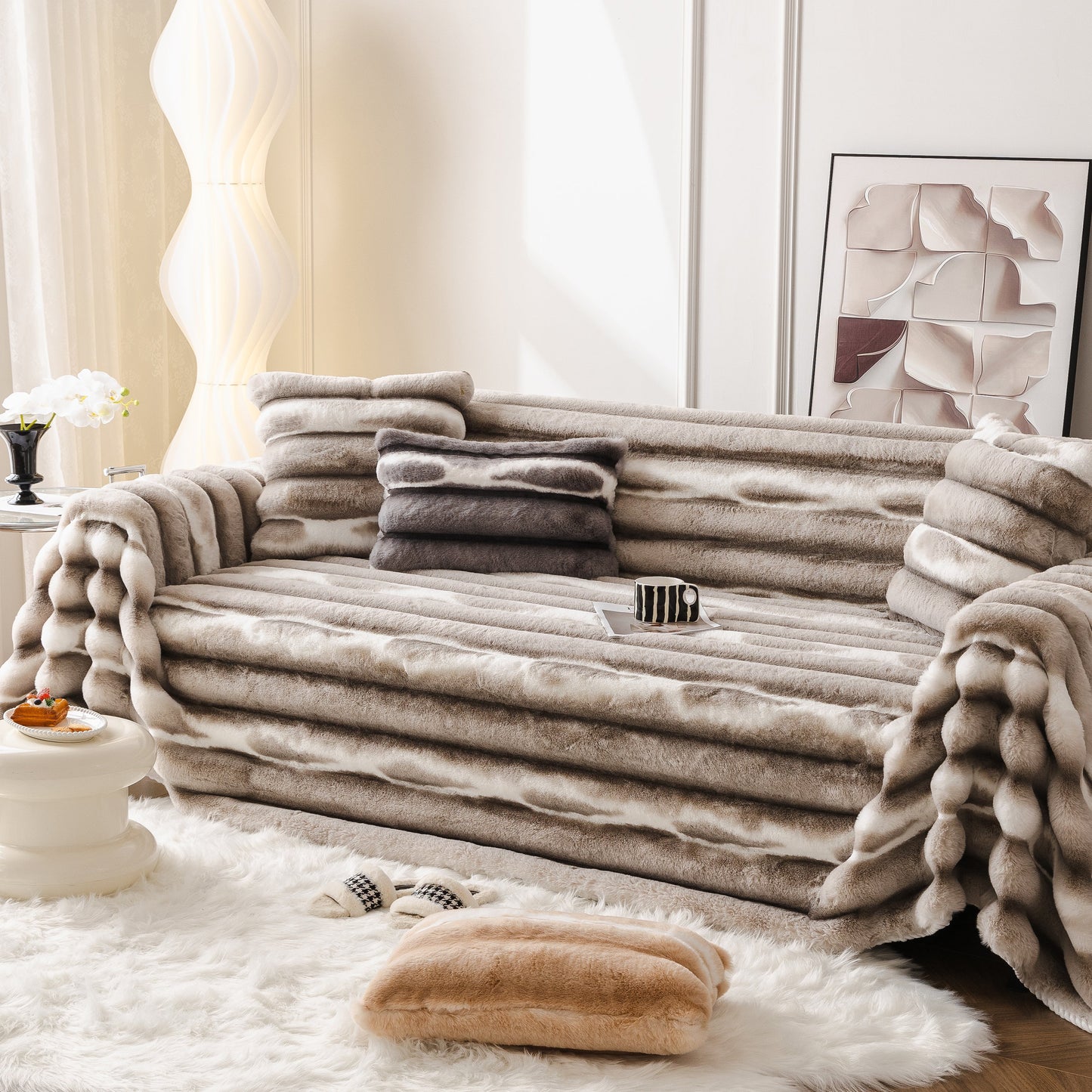 Ultra Soft Faux Fur Couch Cover – Large, Fluffy, and Elegant Sofa Throw Blanket enhancing a stylish living room.