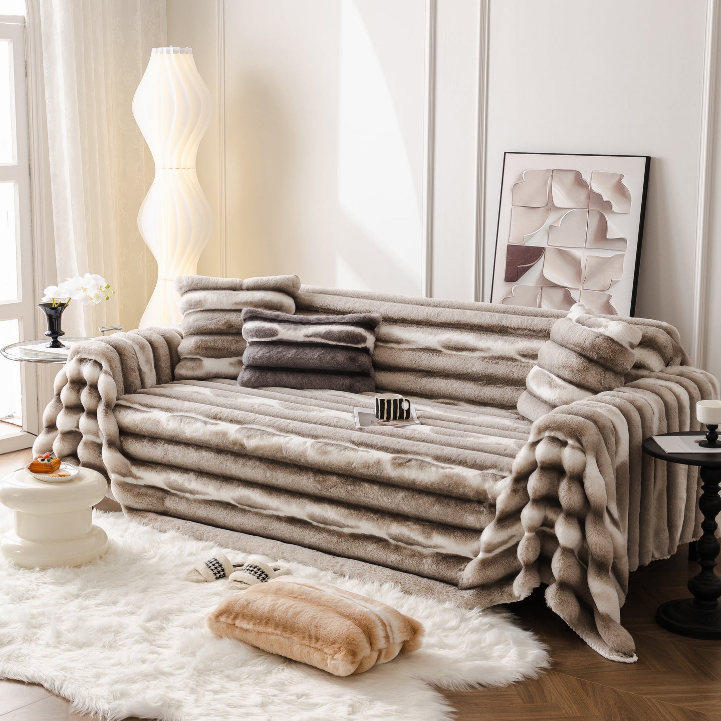Ultra Soft Faux Fur Couch Cover – Large, Fluffy, and Elegant Sofa Throw Blanket on stylish living room sofa