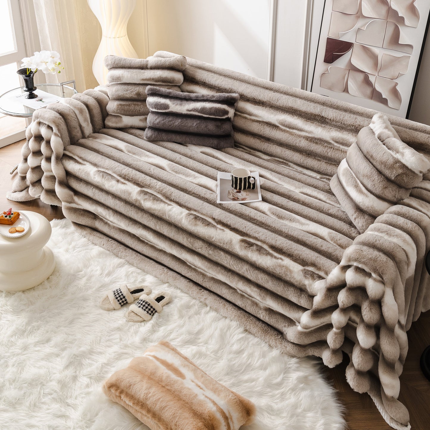 Ultra Soft Faux Fur Couch Cover – Large, Fluffy, and Elegant Sofa Throw Blanket on a stylish living room sofa