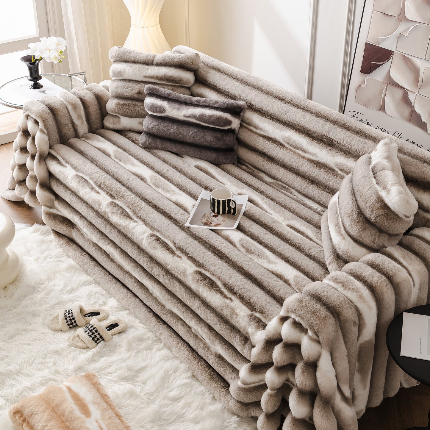 Ultra Soft Faux Fur Couch Cover – Large, Fluffy, and Elegant Sofa Throw Blanket in a living room setting