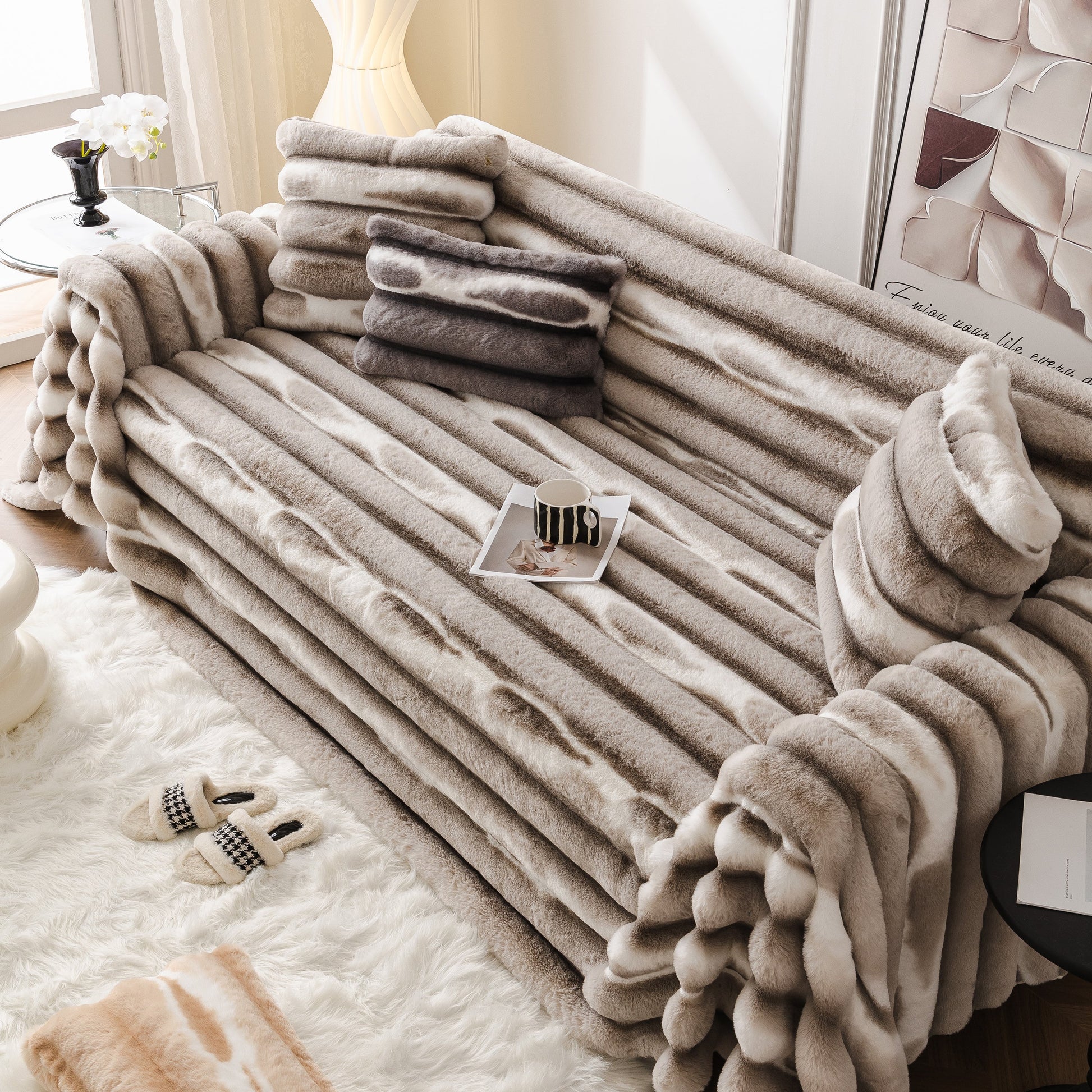 Ultra Soft Faux Fur Couch Cover – Large, Fluffy, and Elegant Sofa Throw Blanket in a living room setting