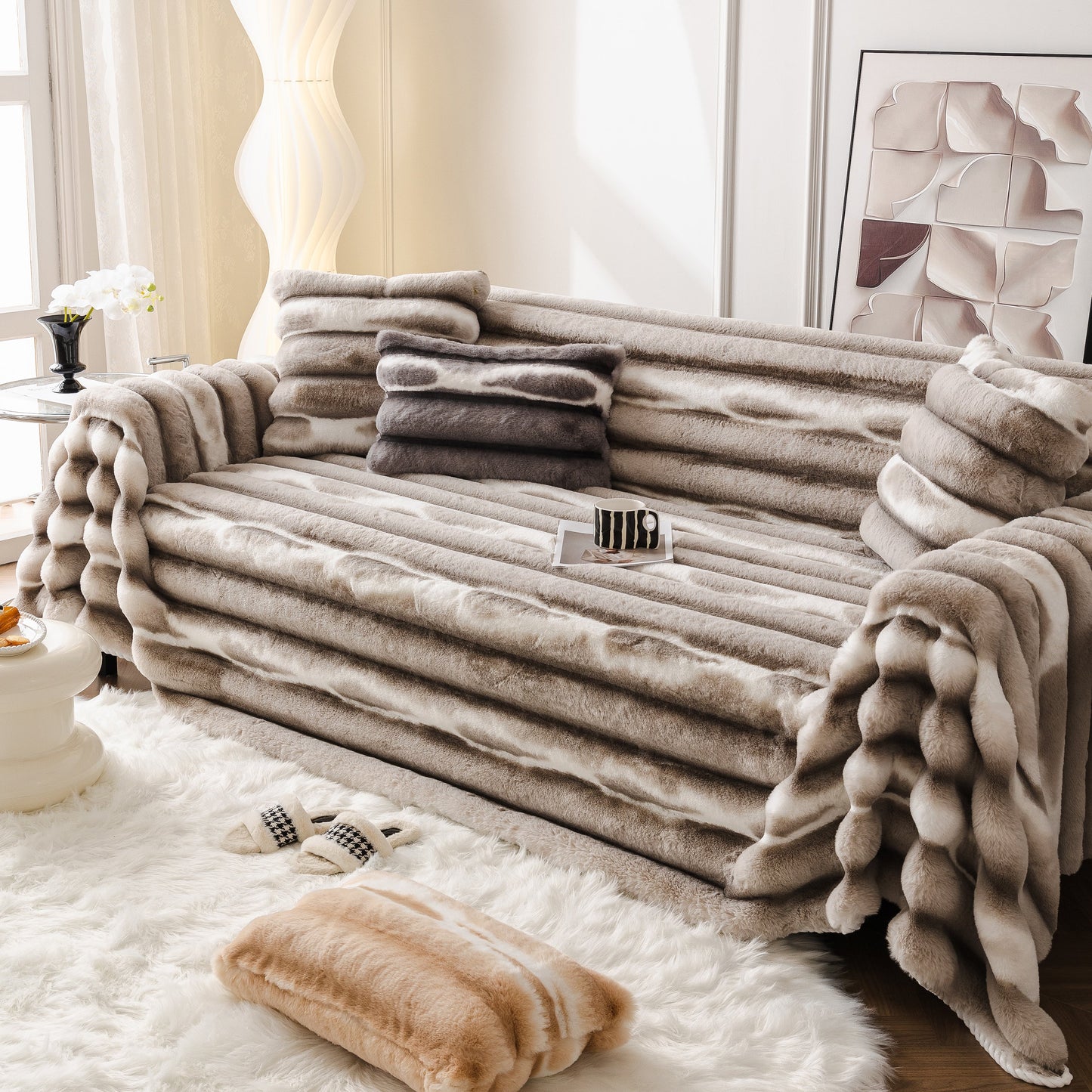 Ultra Soft Faux Fur Couch Cover – Large, Fluffy, and Elegant Sofa Throw Blanket displayed on living room sofa