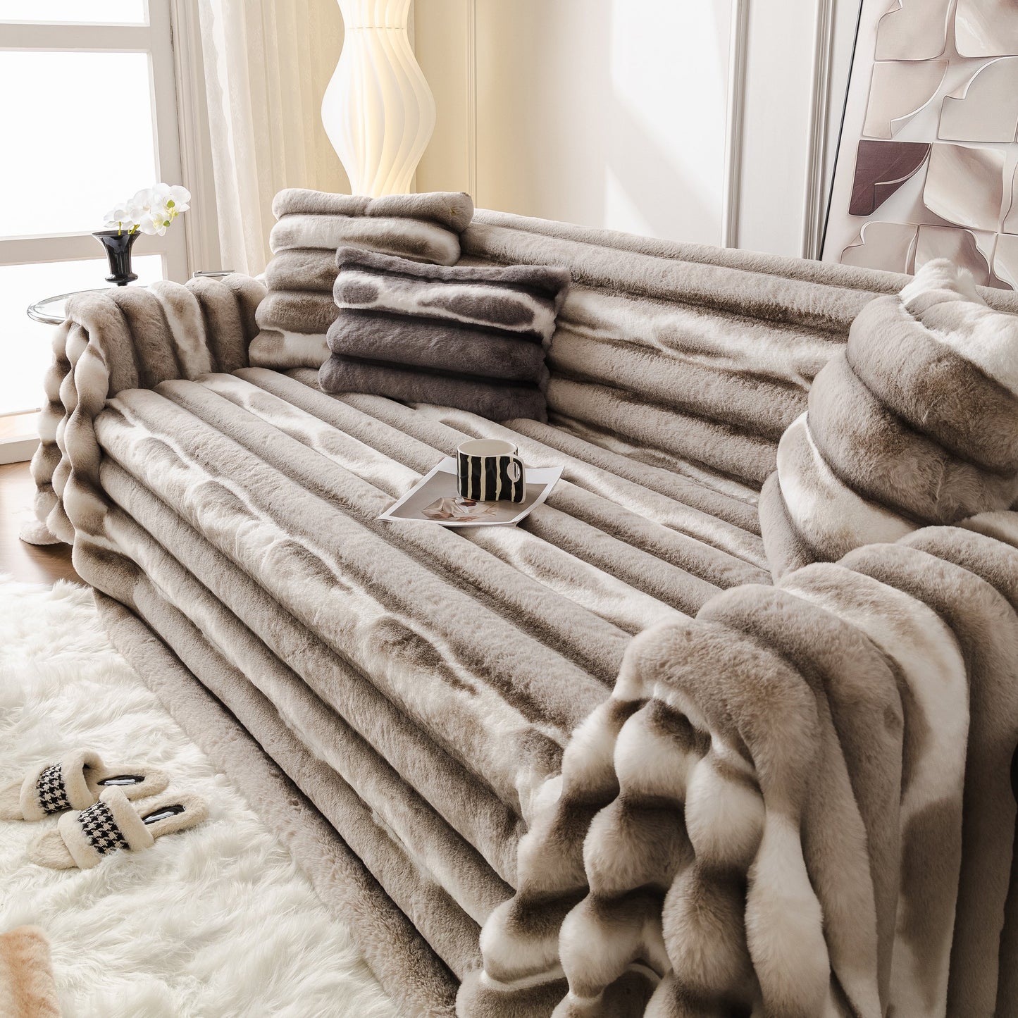 Ultra Soft Faux Fur Couch Cover – Large, Fluffy, and Elegant Sofa Throw Blanket on a modern living room sofa