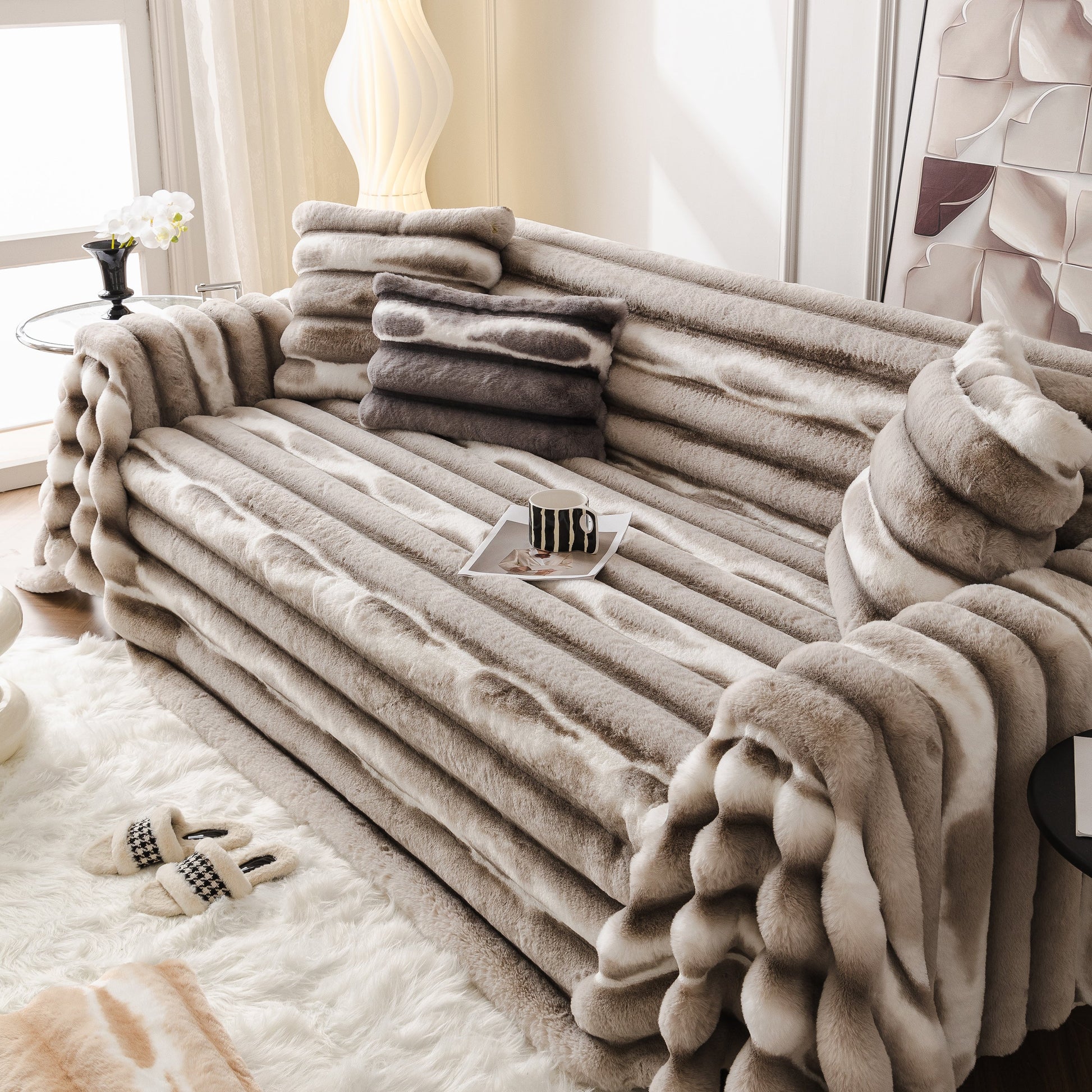 Ultra Soft Faux Fur Couch Cover – Large, Fluffy, and Elegant Sofa Throw Blanket on a couch in a stylish living room