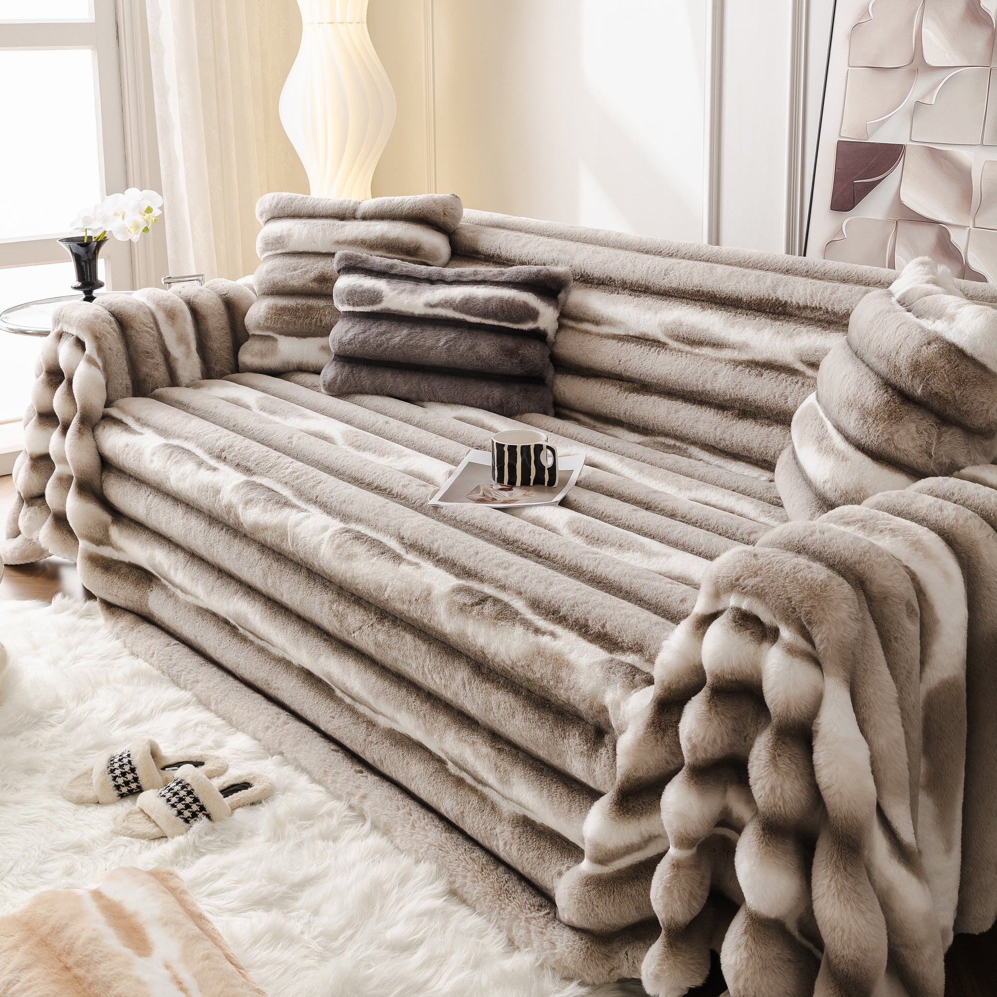 Ultra Soft Faux Fur Couch Cover – Large, Fluffy, and Elegant Sofa Throw Blanket displayed on a stylish sofa in a cozy living room.