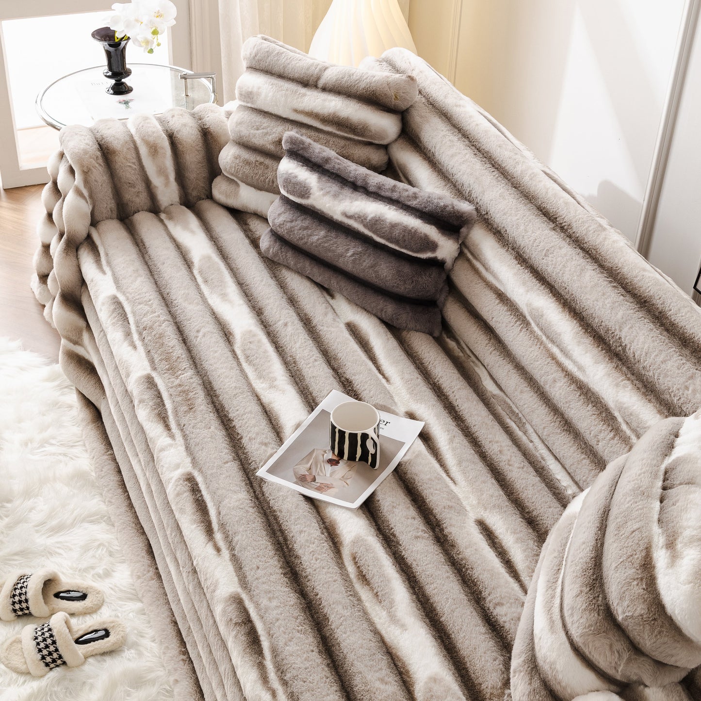 Ultra Soft Faux Fur Couch Cover – Large, Fluffy, and Elegant Sofa Throw Blanket on a modern sofa setting.