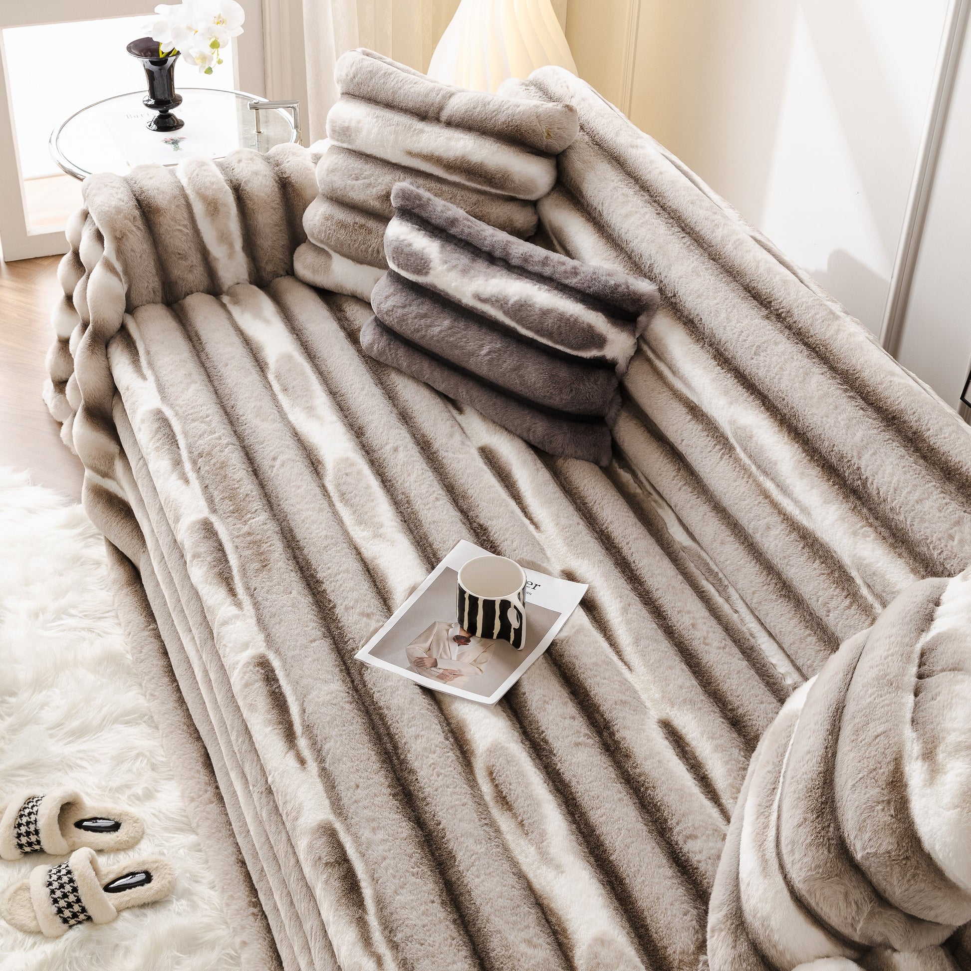 Ultra Soft Faux Fur Couch Cover – Large, Fluffy, and Elegant Sofa Throw Blanket on a modern sofa setting.