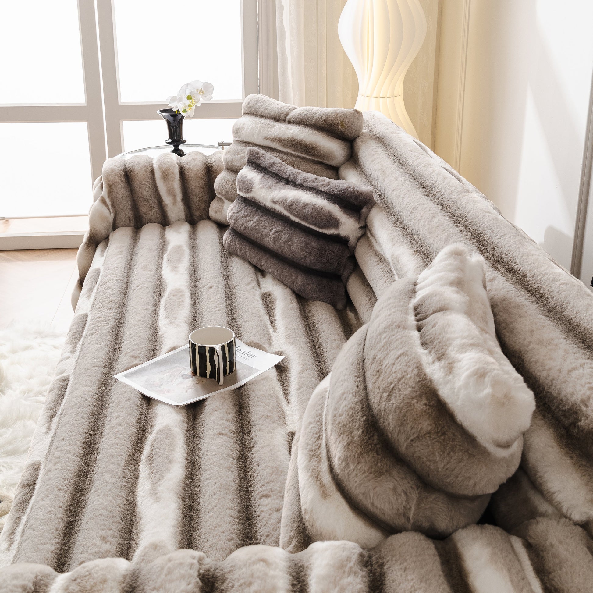 Luxurious living room with Ultra Soft Faux Fur Couch Cover – Large, Fluffy, and Elegant Sofa Throw Blanket in neutral tones.