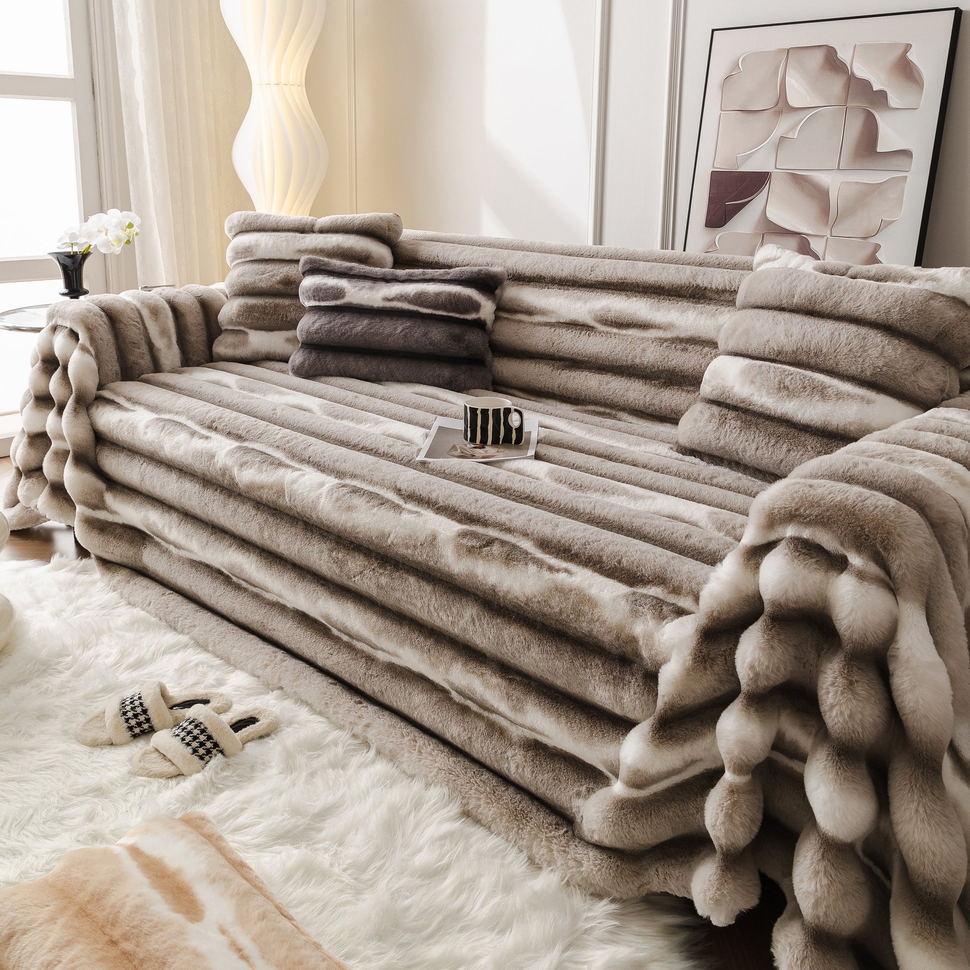 Ultra Soft Faux Fur Couch Cover – Large, Fluffy, and Elegant Sofa Throw Blanket on a stylish living room sofa