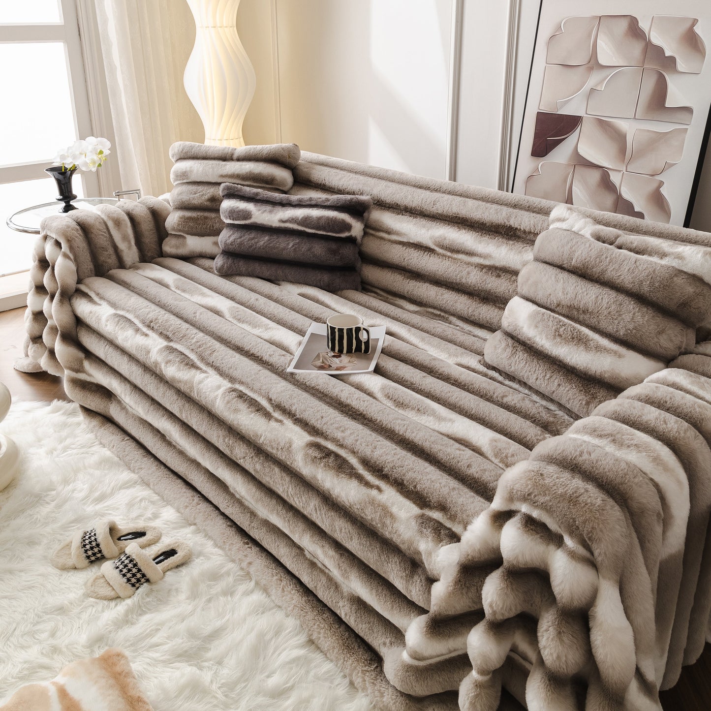 Ultra Soft Faux Fur Couch Cover – Large, Fluffy, and Elegant Sofa Throw Blanket adds luxury to a living room setting.