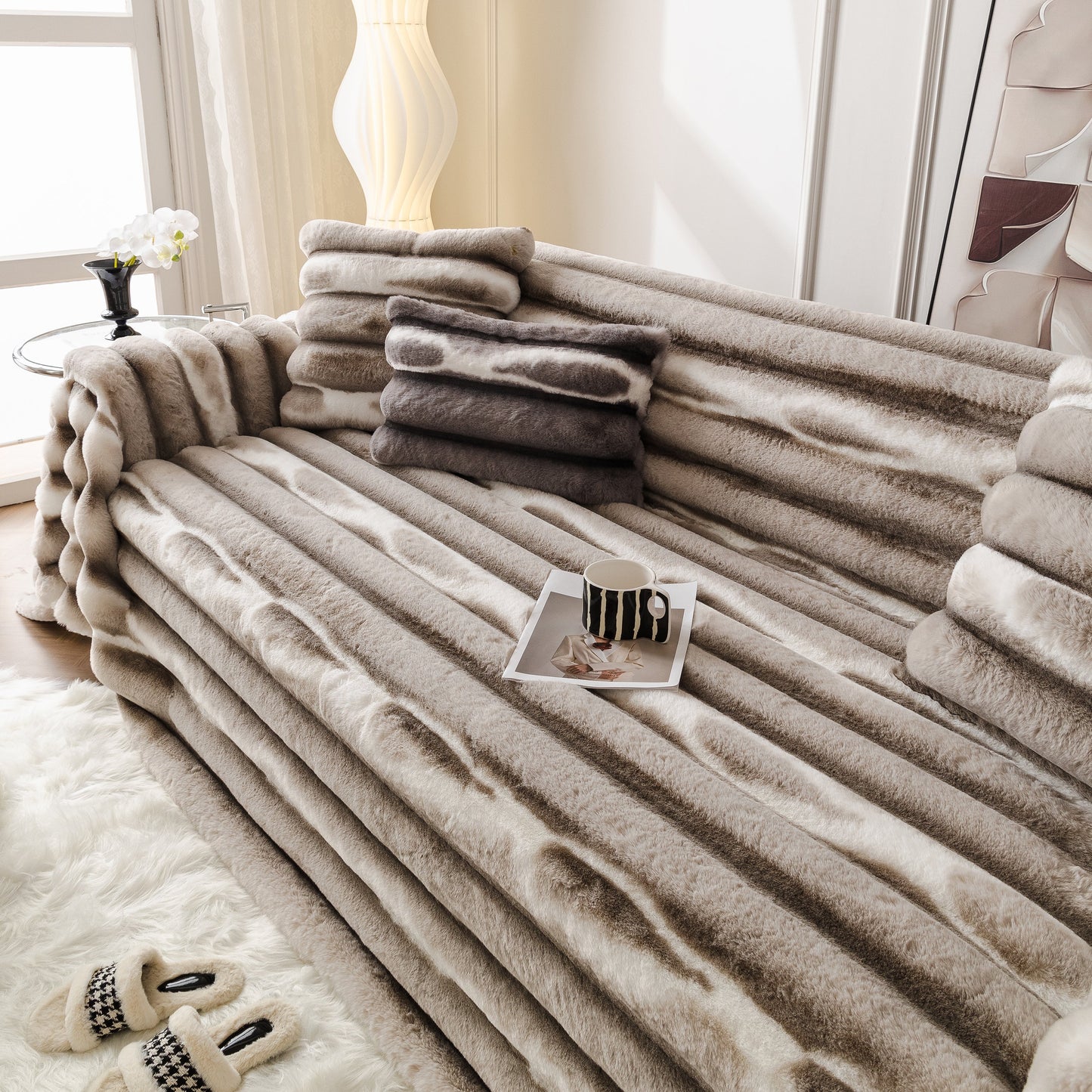 Ultra Soft Faux Fur Couch Cover – Large, Fluffy, and Elegant Sofa Throw Blanket on luxurious sofa setting.