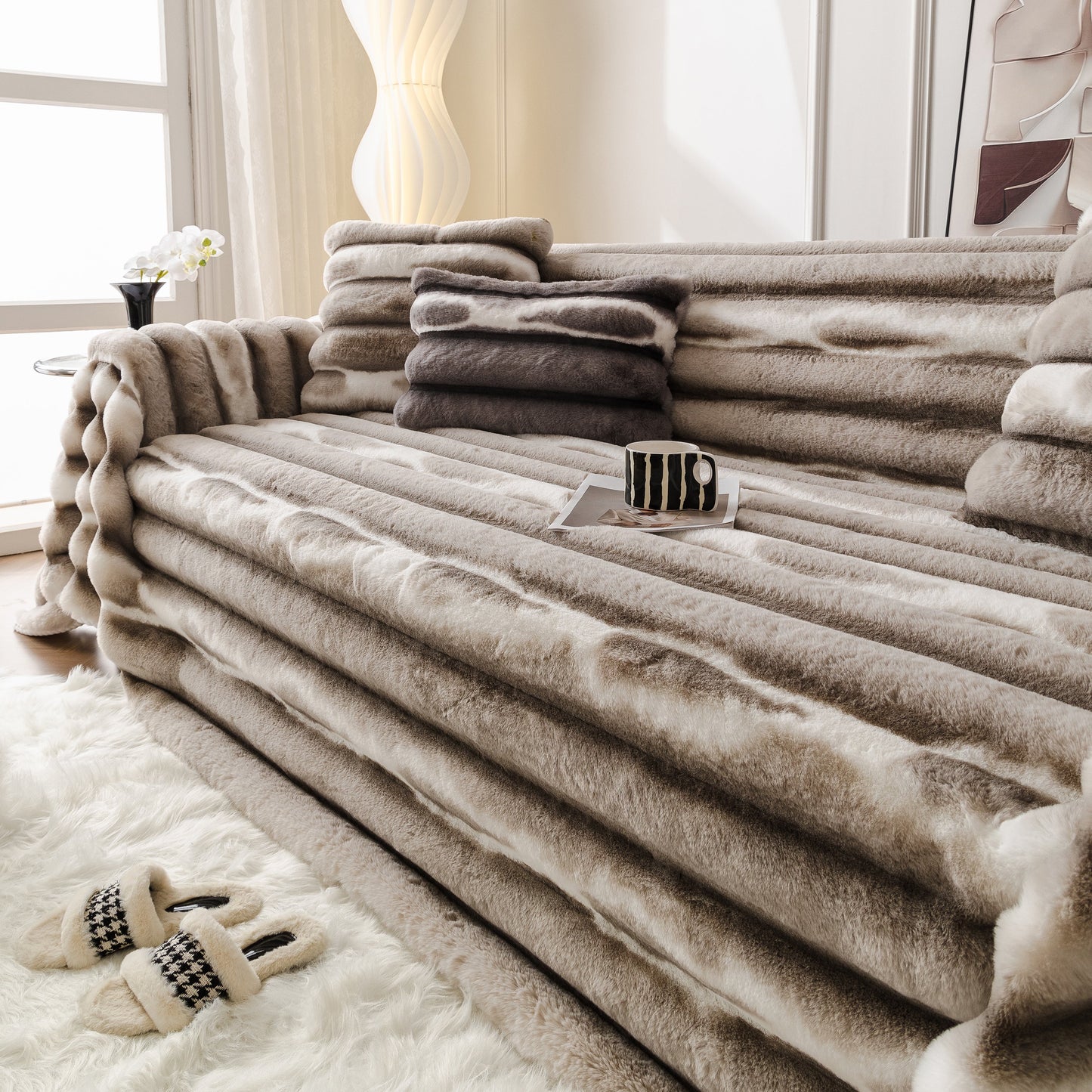 Ultra Soft Faux Fur Couch Cover – Large, Fluffy, and Elegant Sofa Throw Blanket on a stylish living room sofa.