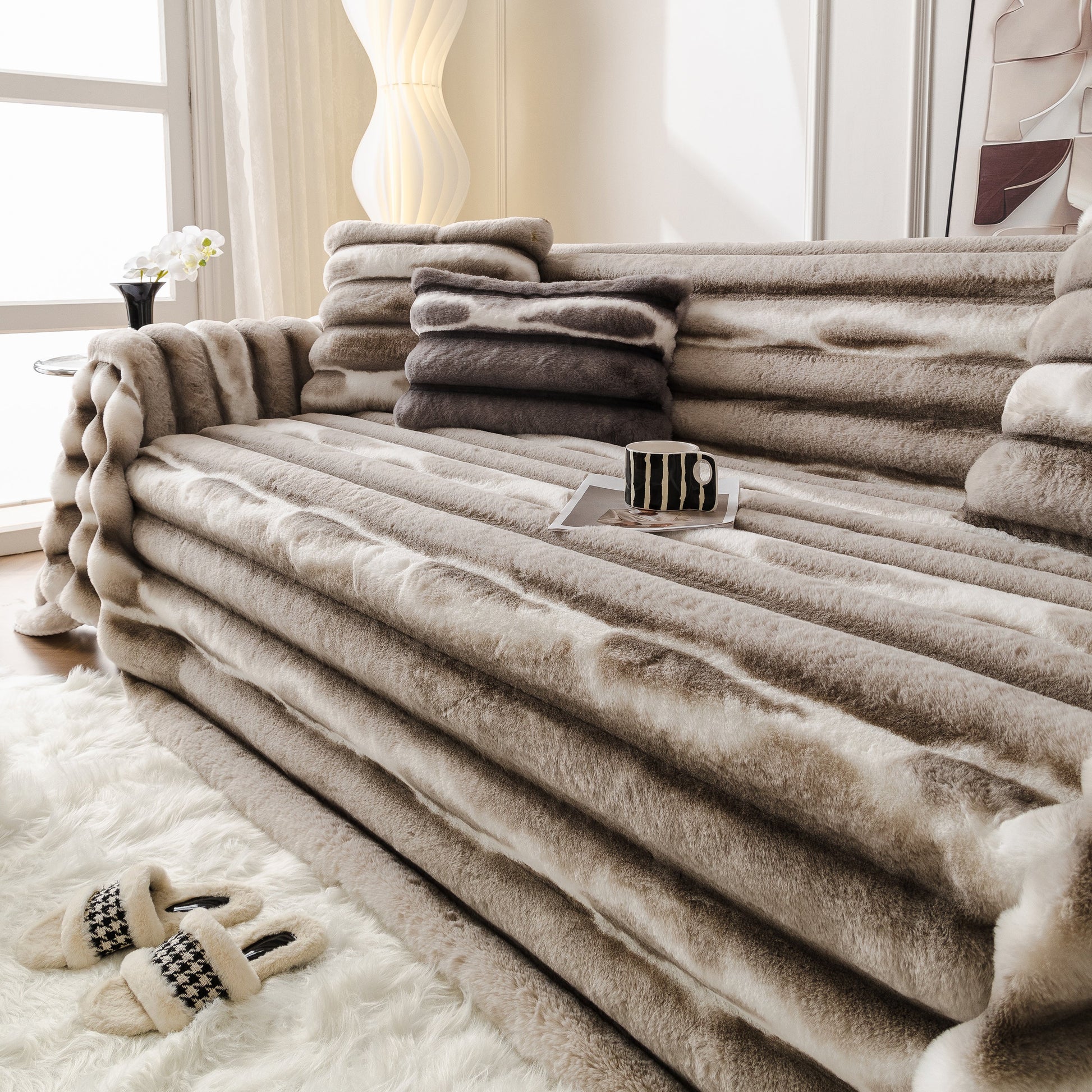 Ultra Soft Faux Fur Couch Cover – Large, Fluffy, and Elegant Sofa Throw Blanket on a stylish living room sofa.