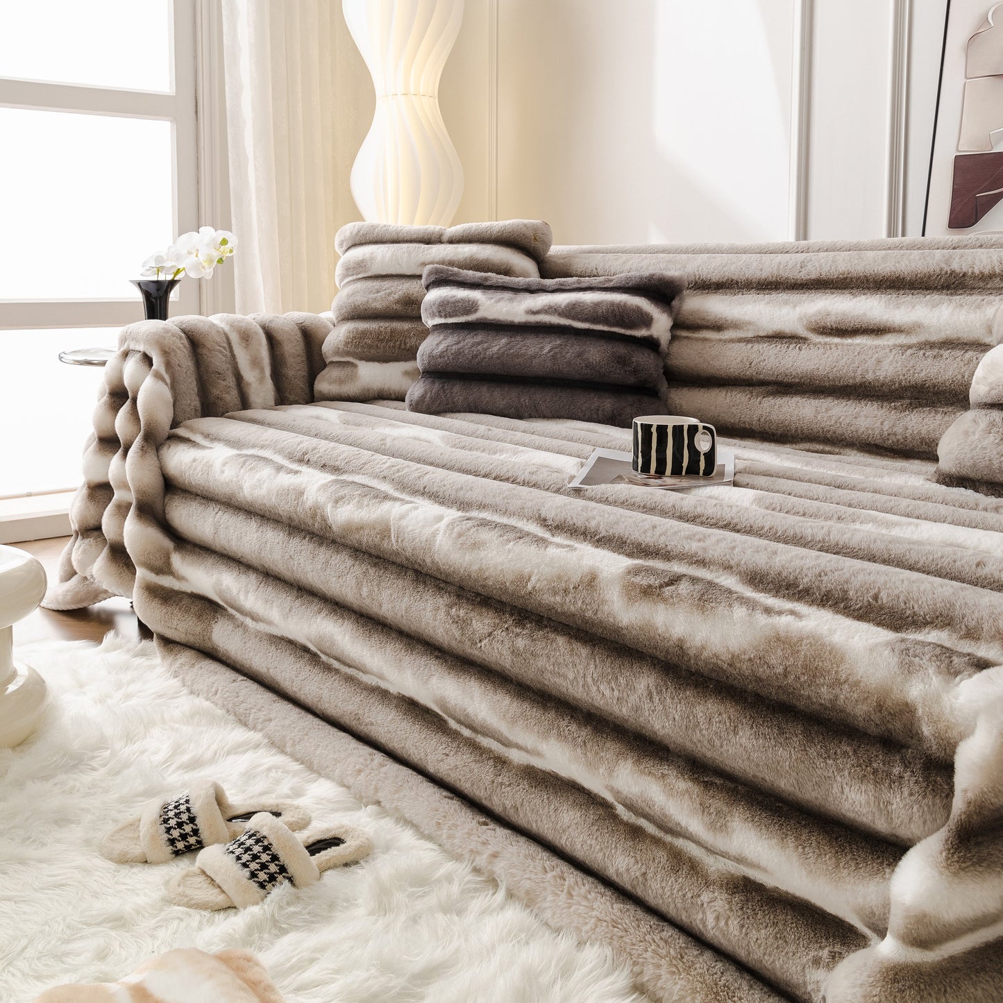 Ultra Soft Faux Fur Couch Cover – Large, Fluffy, and Elegant Sofa Throw Blanket on stylish living room sofa