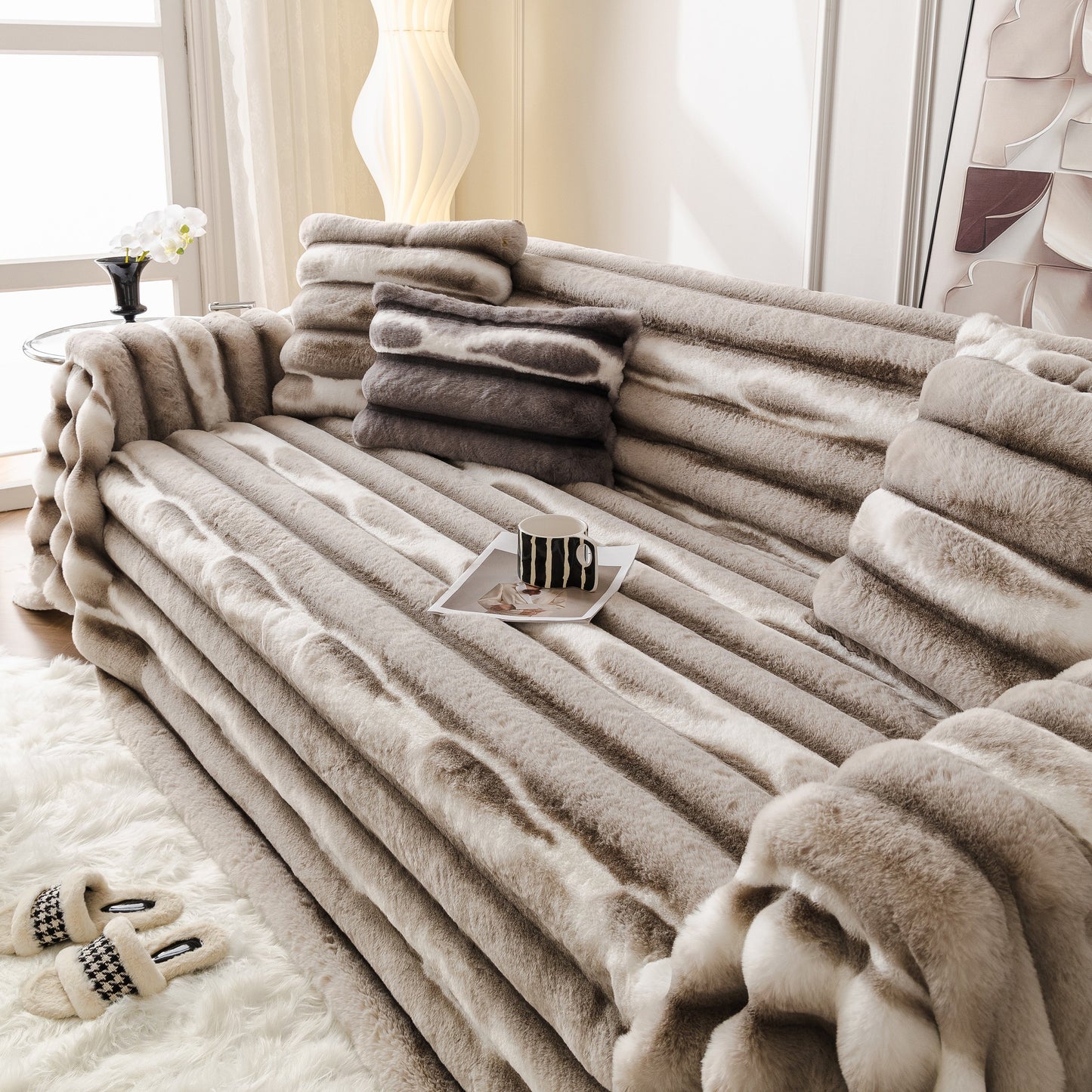 Ultra Soft Faux Fur Couch Cover – Large, Fluffy, and Elegant Sofa Throw Blanket on a stylish sofa in a modern living room.