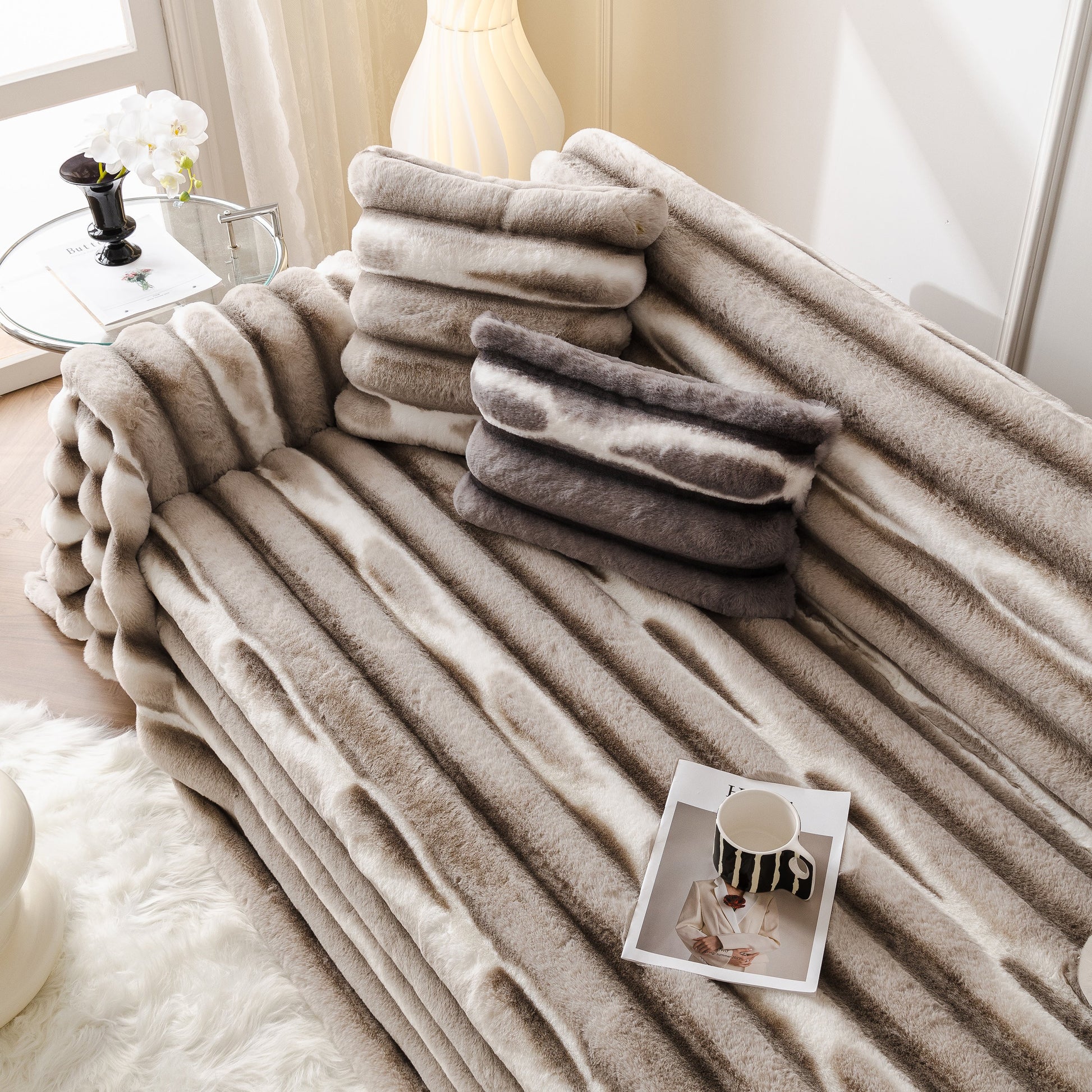Ultra Soft Faux Fur Couch Cover – Large, Fluffy, and Elegant Sofa Throw Blanket draped on a sofa with matching pillows in a cozy living room.