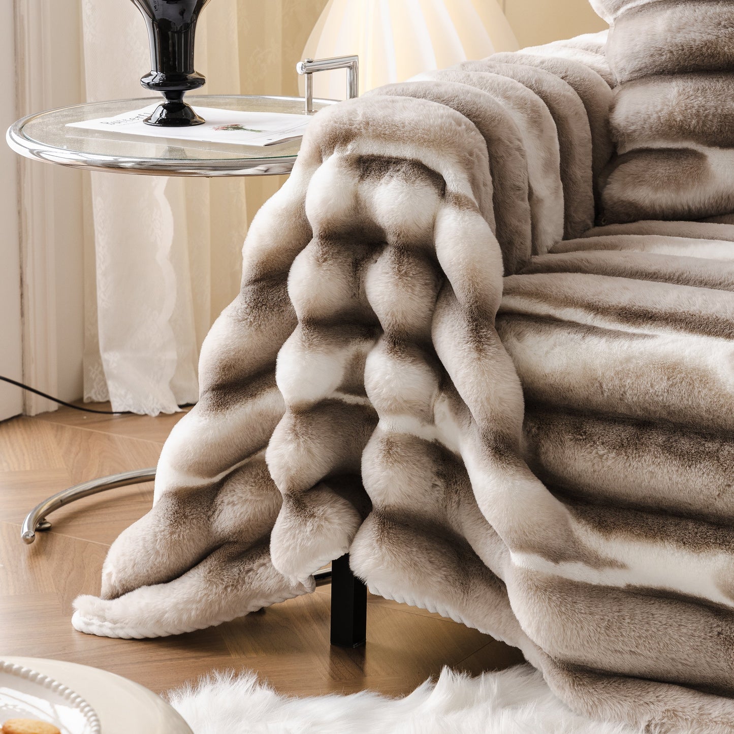 Ultra Soft Faux Fur Couch Cover – Large, Fluffy, and Elegant Sofa Throw Blanket displayed on a sofa, showcasing luxurious texture.