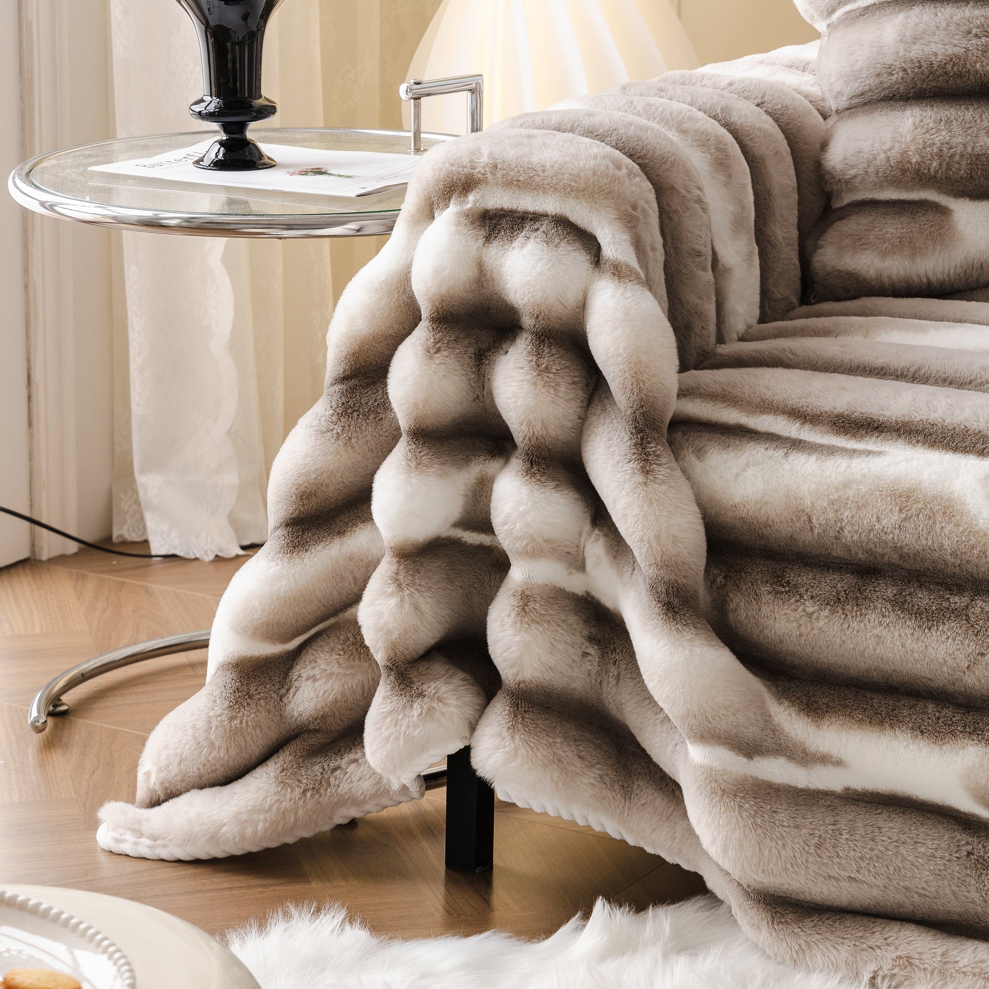 Ultra Soft Faux Fur Couch Cover – Large, Fluffy, and Elegant Sofa Throw Blanket displayed on a sofa, showcasing luxurious texture.