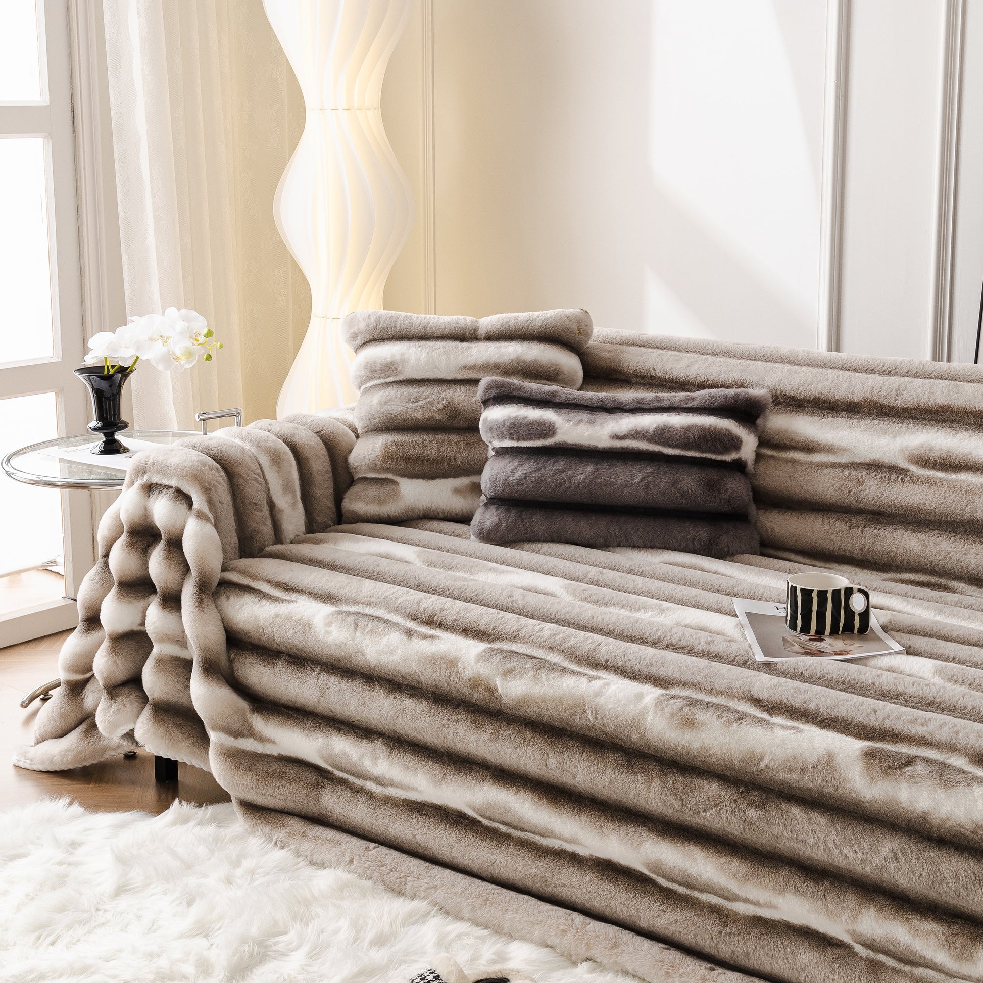 Luxurious living room featuring an Ultra Soft Faux Fur Couch Cover – Large, Fluffy, and Elegant Sofa Throw Blanket in gradient tones.