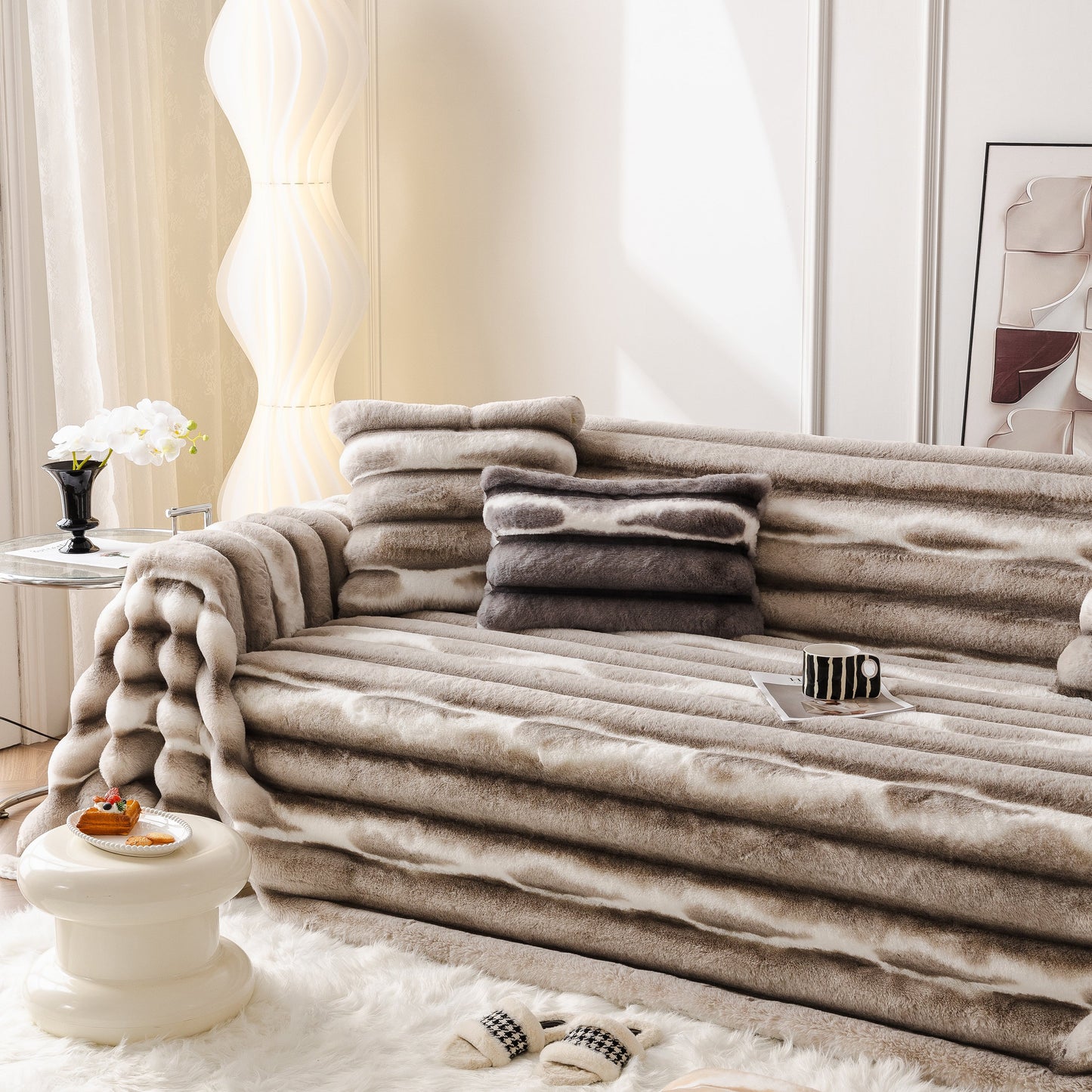 Ultra Soft Faux Fur Couch Cover – Large, Fluffy, and Elegant Sofa Throw Blanket on a stylish modern sofa in a cozy living room setting.