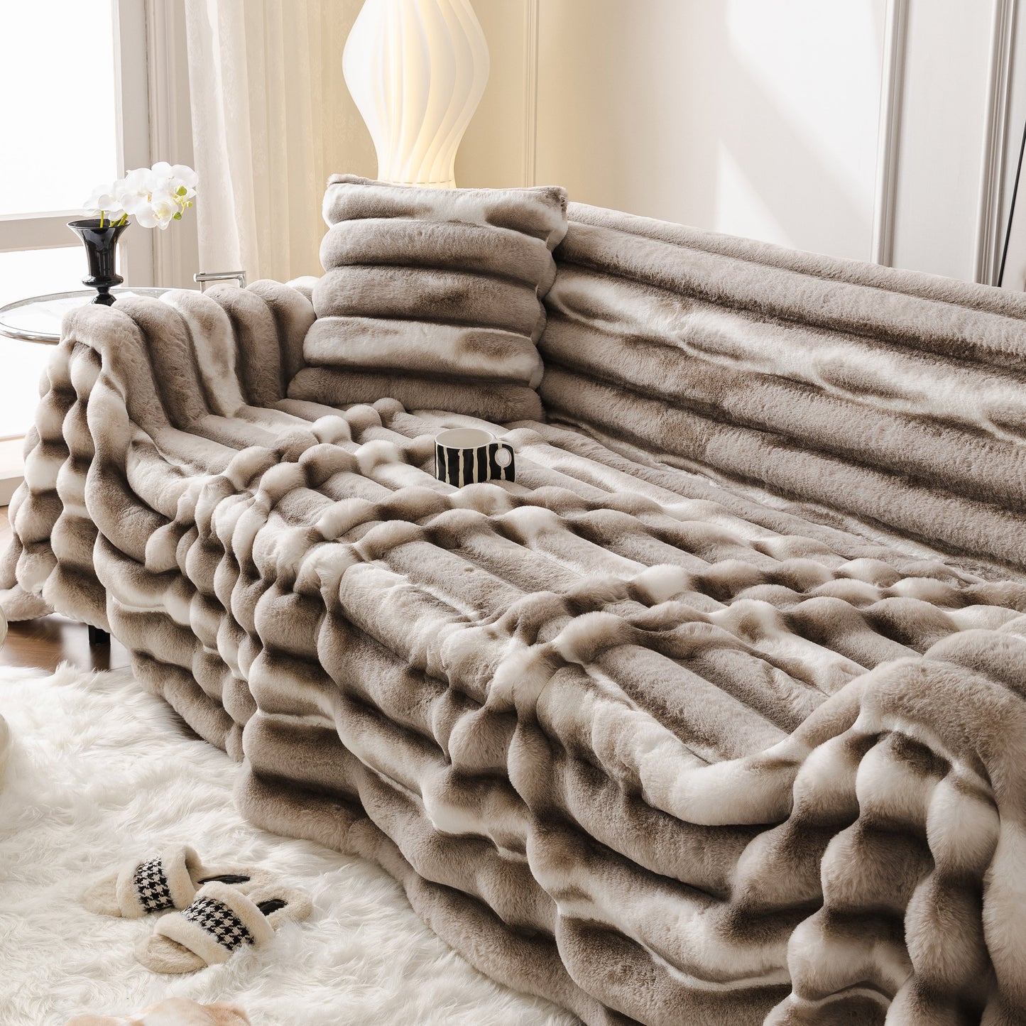 Ultra Soft Faux Fur Couch Cover – Large, Fluffy, and Elegant Sofa Throw Blanket on a luxurious living room sofa.