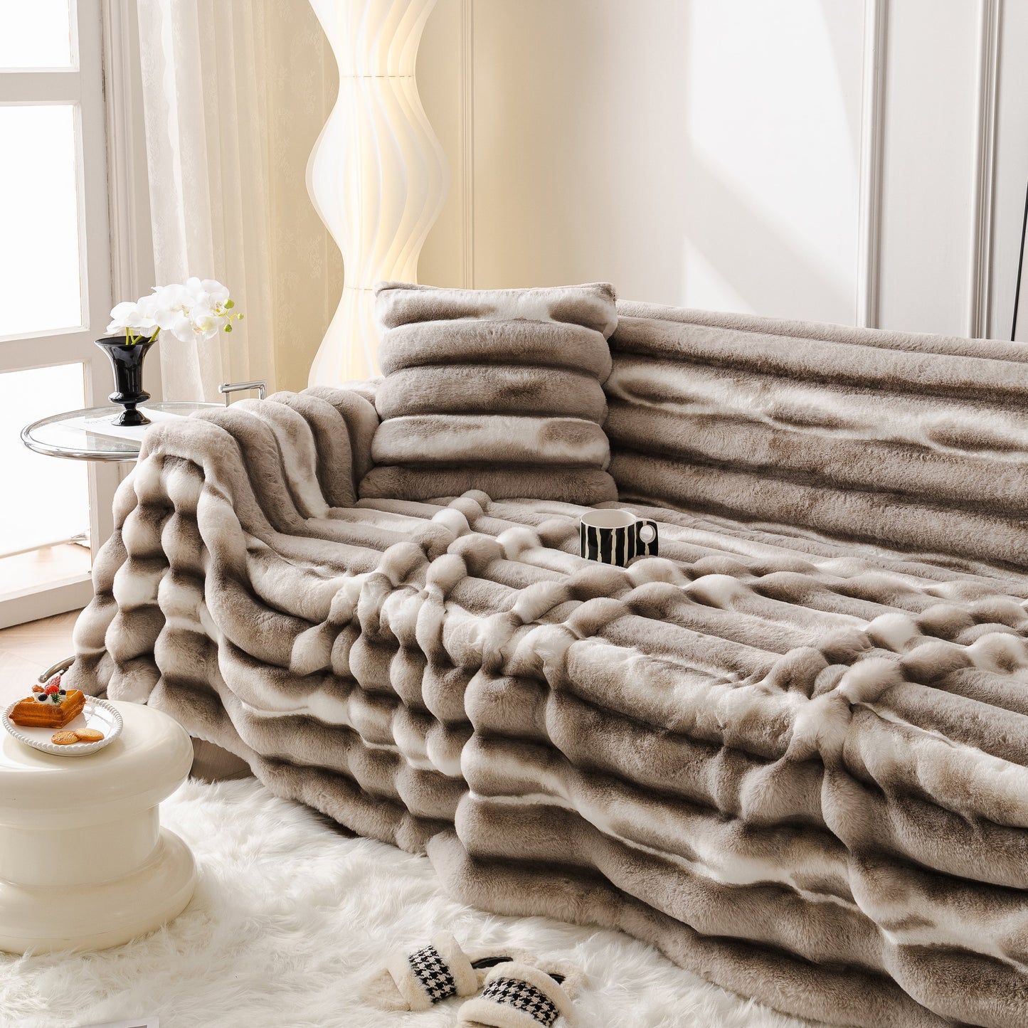 Ultra Soft Faux Fur Couch Cover – Large, Fluffy, and Elegant Sofa Throw Blanket on a stylish living room sofa.