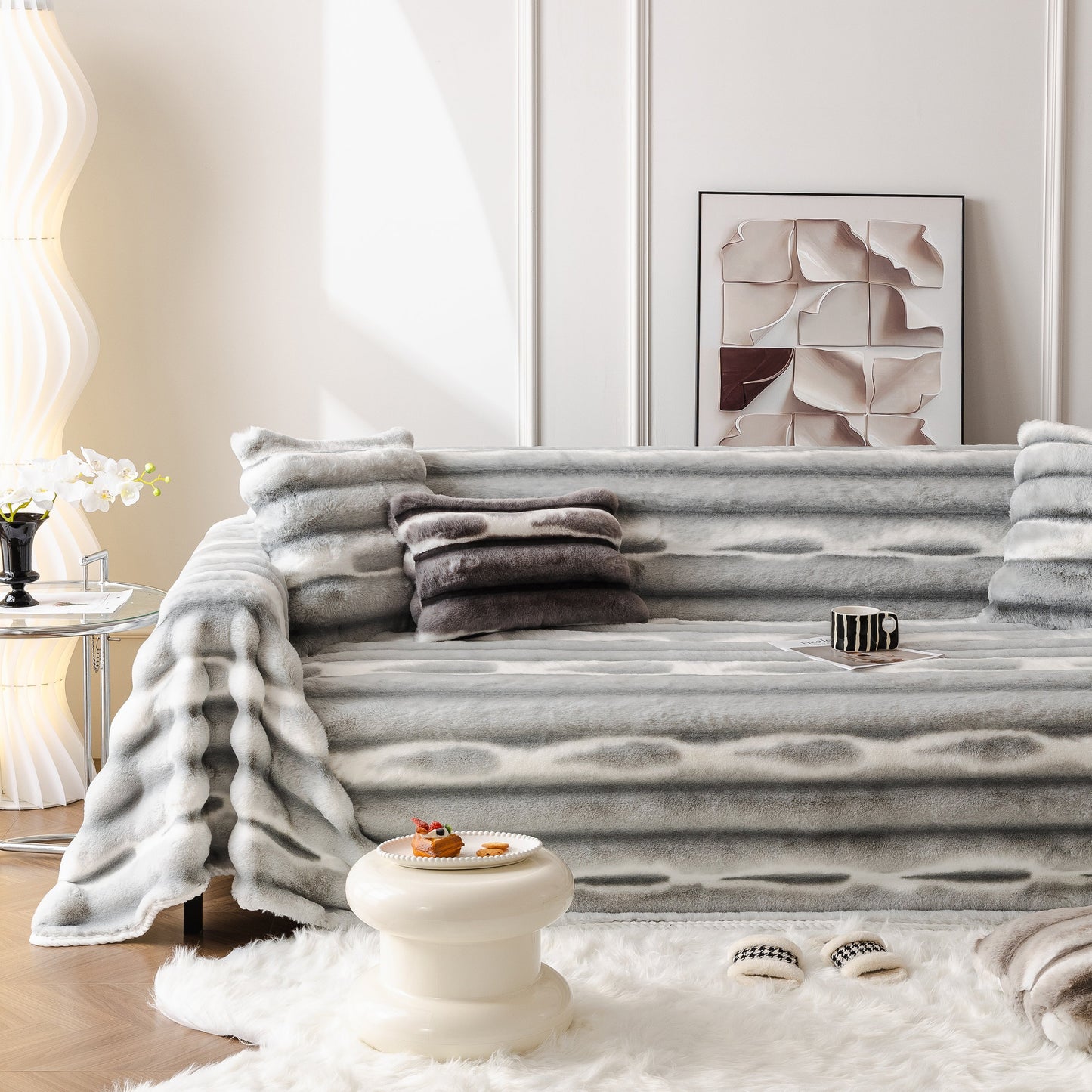 Stylish living room featuring Ultra Soft Faux Fur Couch Cover – Large, Fluffy, and Elegant Sofa Throw Blanket on a modern sofa.