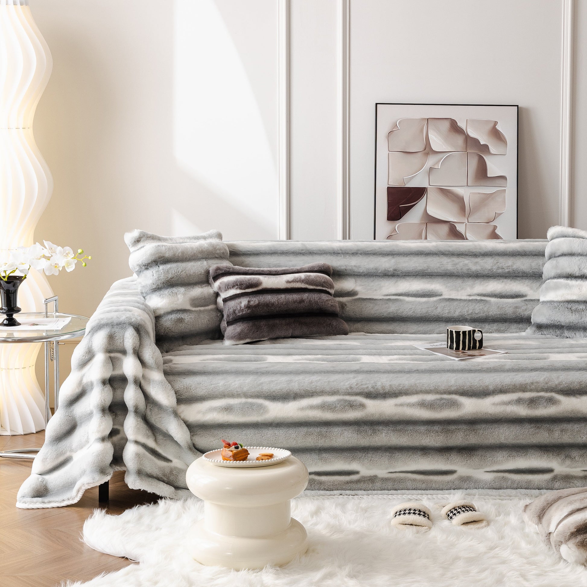Stylish living room featuring Ultra Soft Faux Fur Couch Cover – Large, Fluffy, and Elegant Sofa Throw Blanket on a modern sofa.