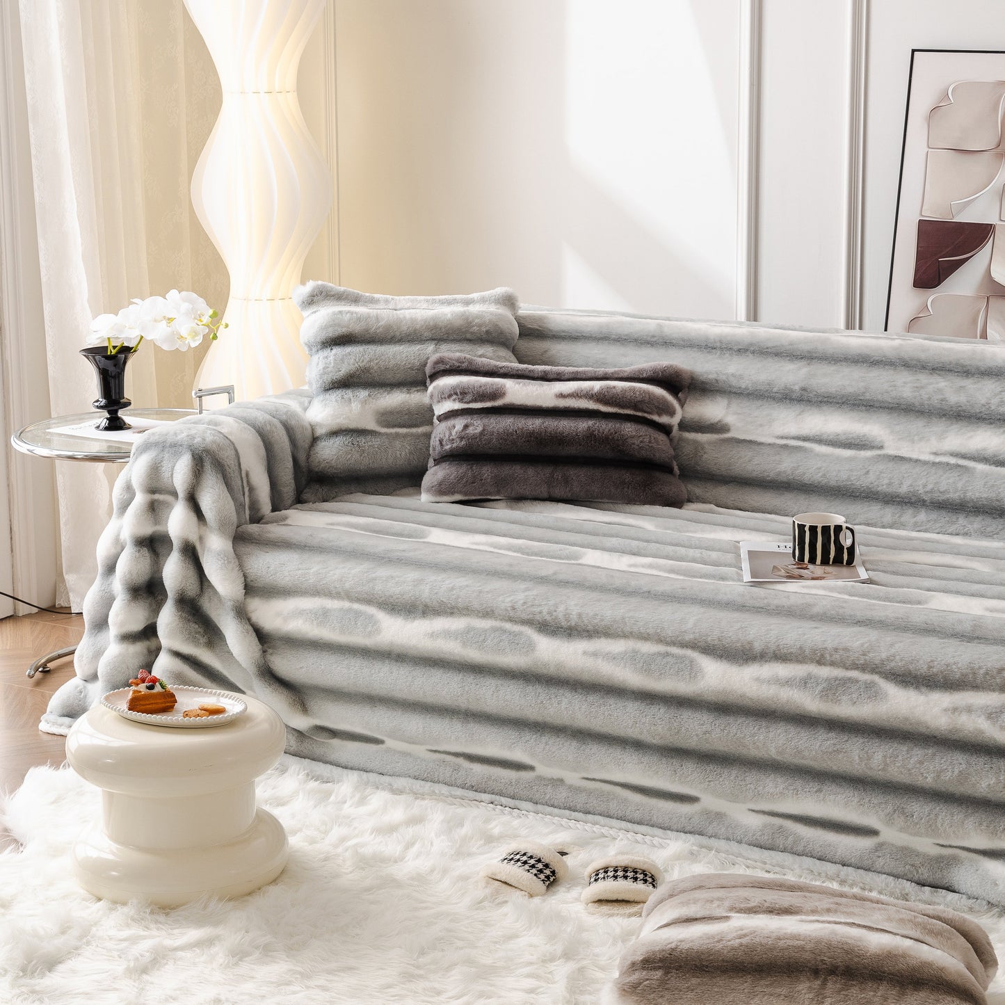Ultra Soft Faux Fur Couch Cover – Large, Fluffy, and Elegant Sofa Throw Blanket in luxurious living room setting