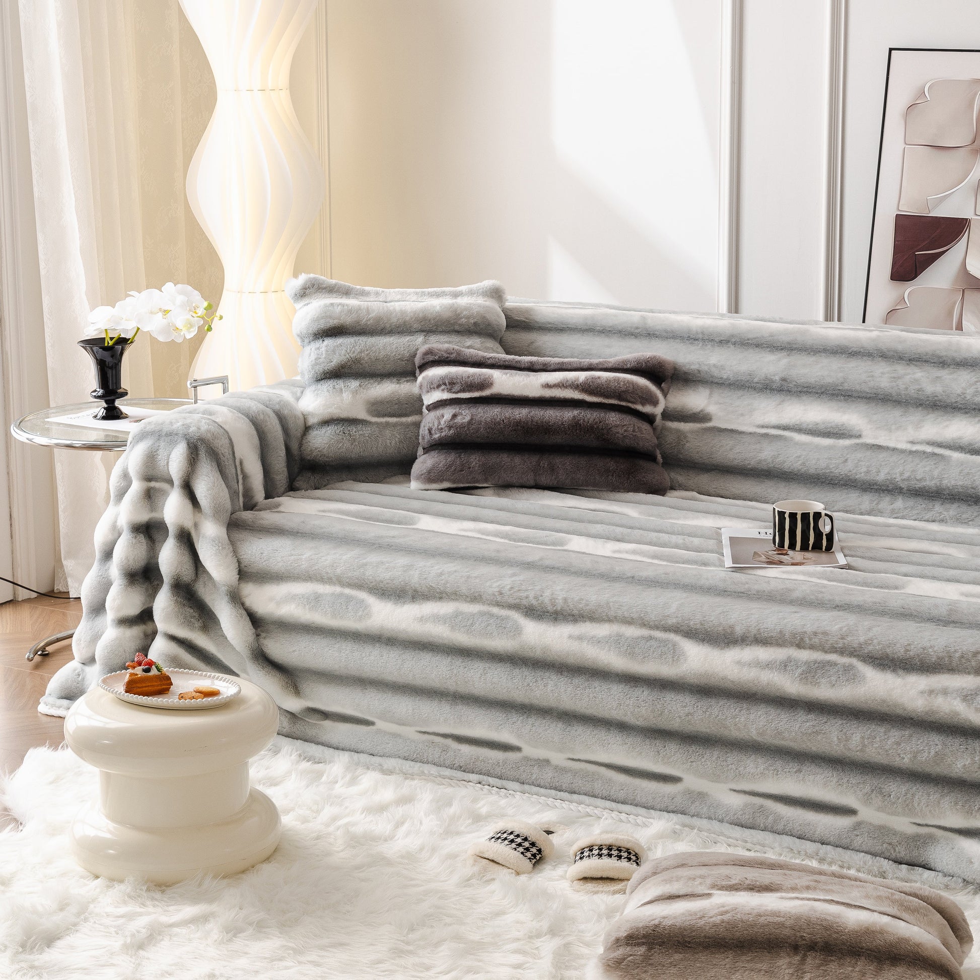 Ultra Soft Faux Fur Couch Cover – Large, Fluffy, and Elegant Sofa Throw Blanket in luxurious living room setting