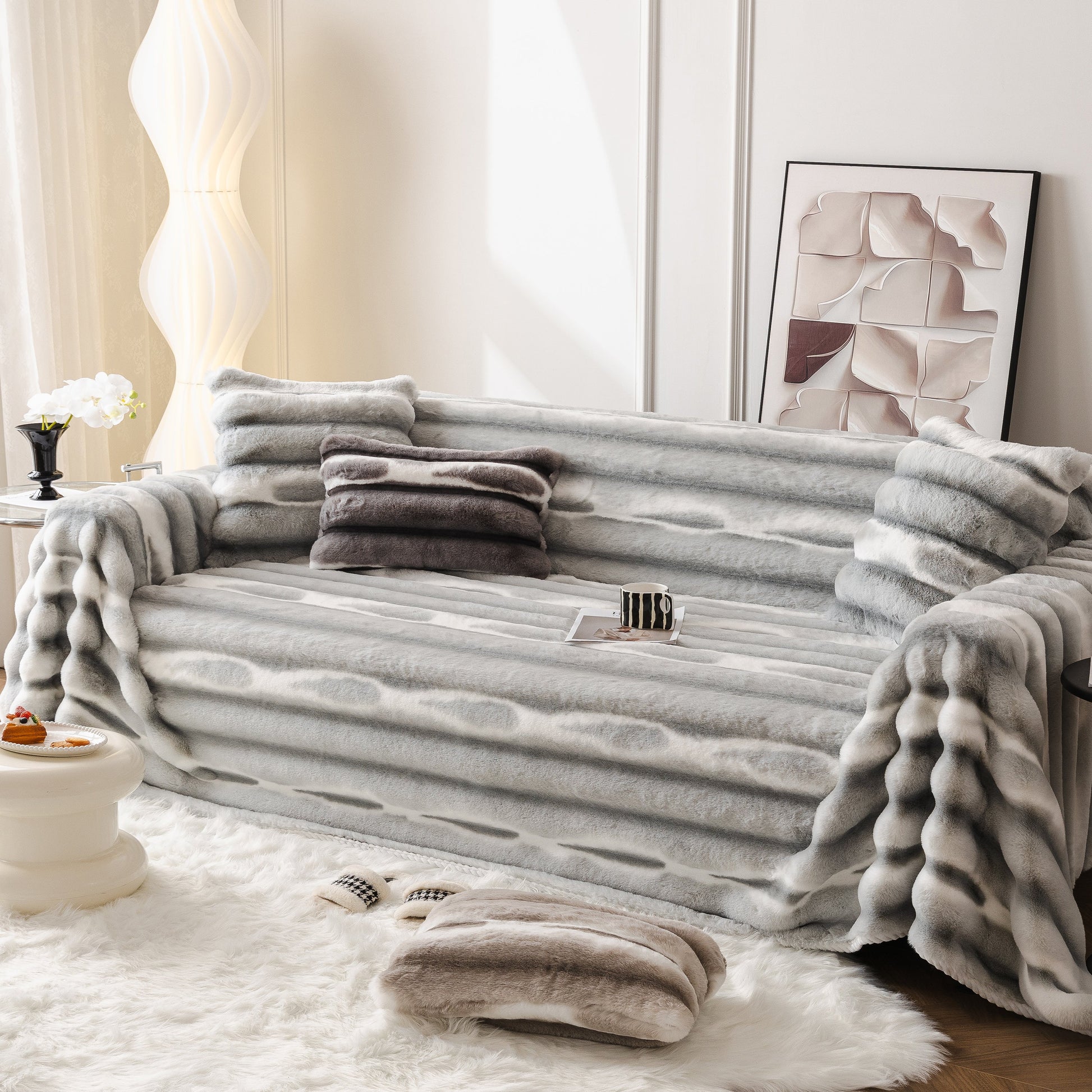 Ultra Soft Faux Fur Couch Cover – Large, Fluffy, and Elegant Sofa Throw Blanket in a luxurious living room setting.