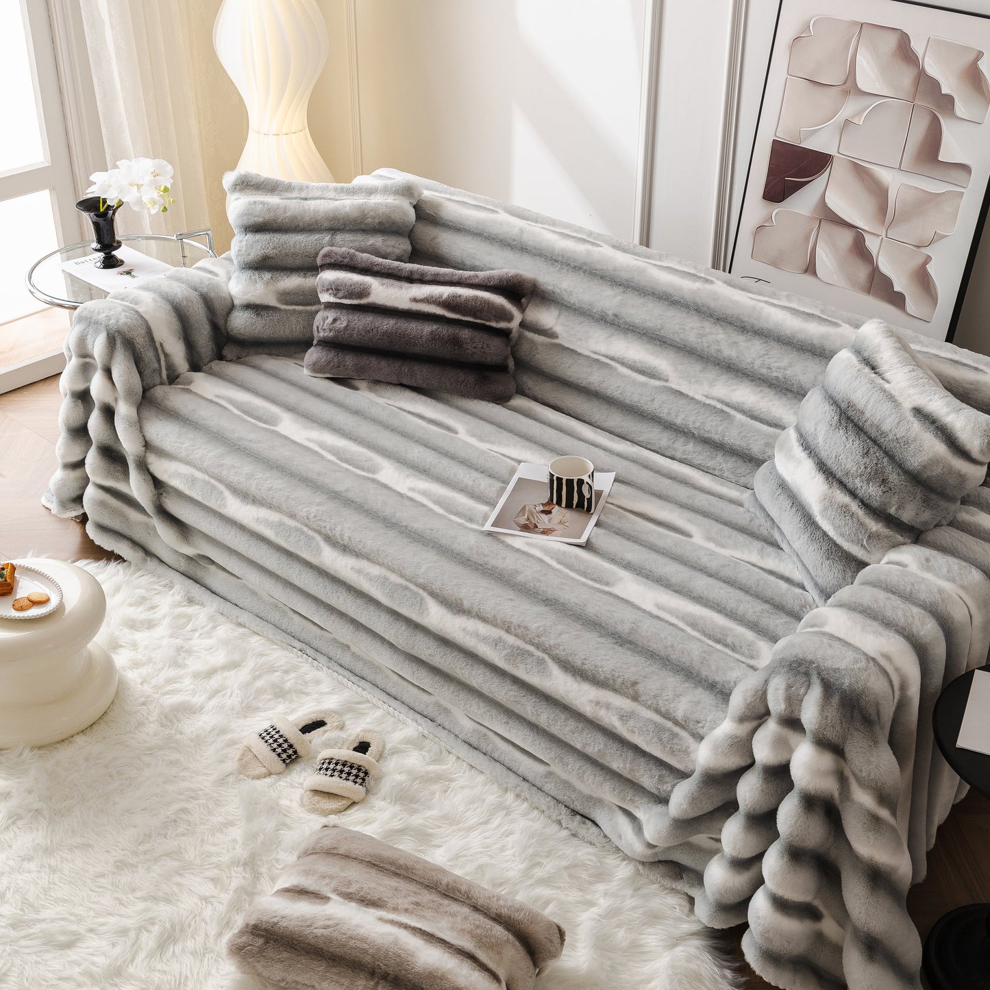 Ultra Soft Faux Fur Couch Cover – Large, Fluffy, and Elegant Sofa Throw Blanket on a stylish modern couch in a cozy living room setting.
