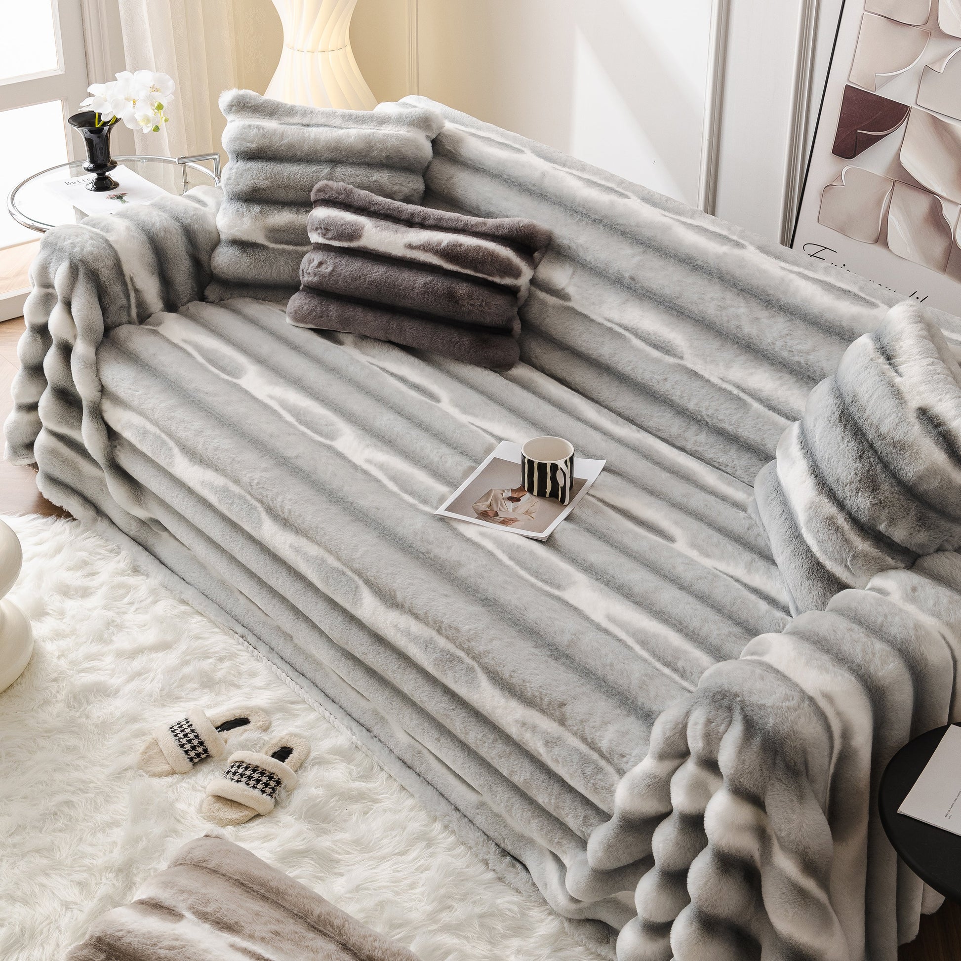 Ultra Soft Faux Fur Couch Cover – Large, Fluffy, and Elegant Sofa Throw Blanket on stylish living room sofa with pillows