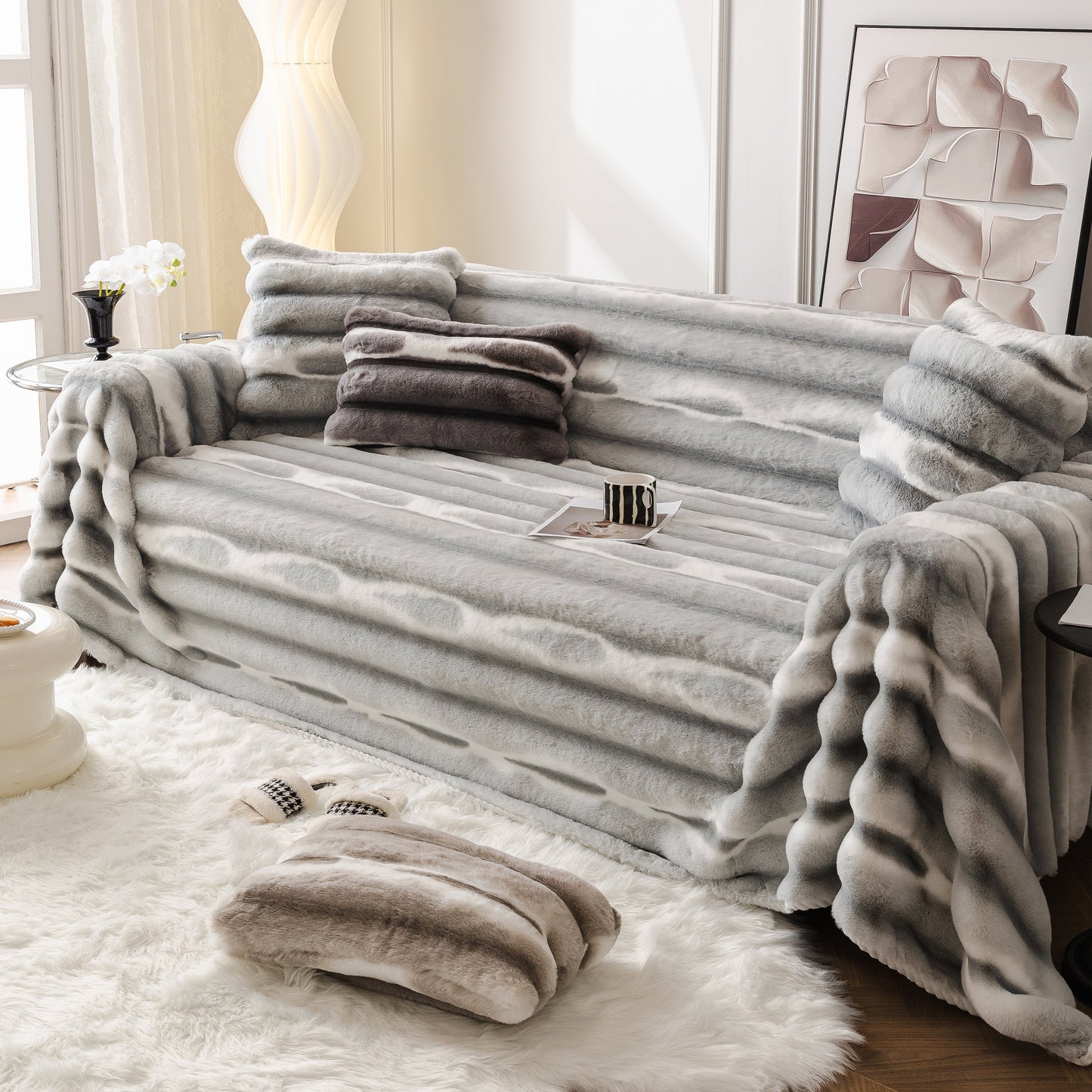 Ultra Soft Faux Fur Couch Cover – Large, Fluffy, and Elegant Sofa Throw Blanket in a stylish living room setting.