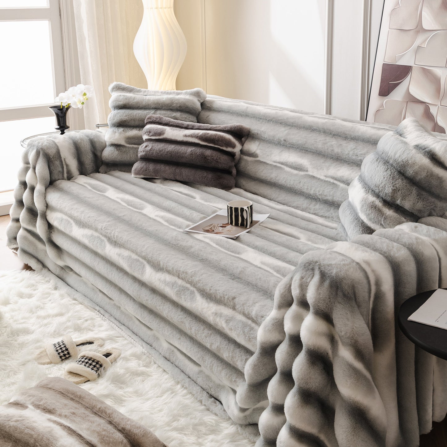 Ultra Soft Faux Fur Couch Cover – Large, Fluffy, and Elegant Sofa Throw Blanket enhancing living room decor with plush texture.