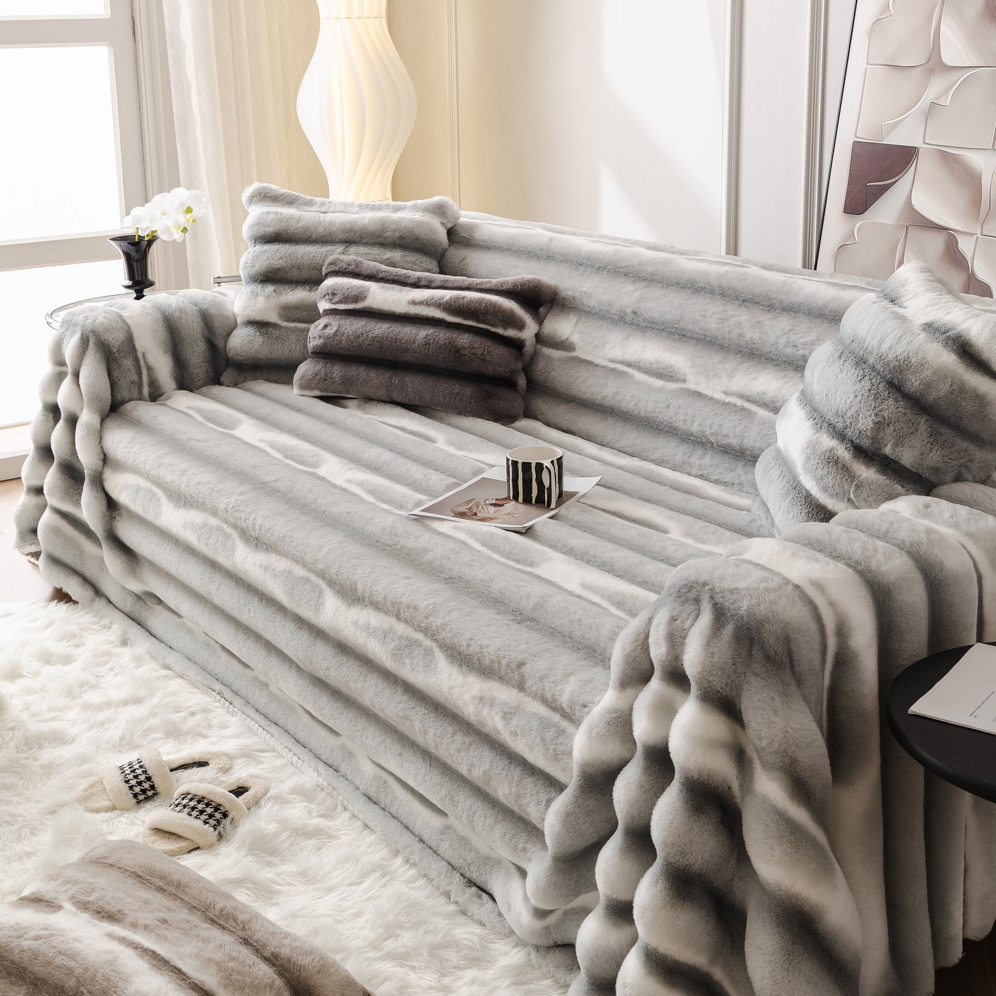 Ultra Soft Faux Fur Couch Cover – Large, Fluffy, and Elegant Sofa Throw Blanket enhancing living room decor with plush texture.