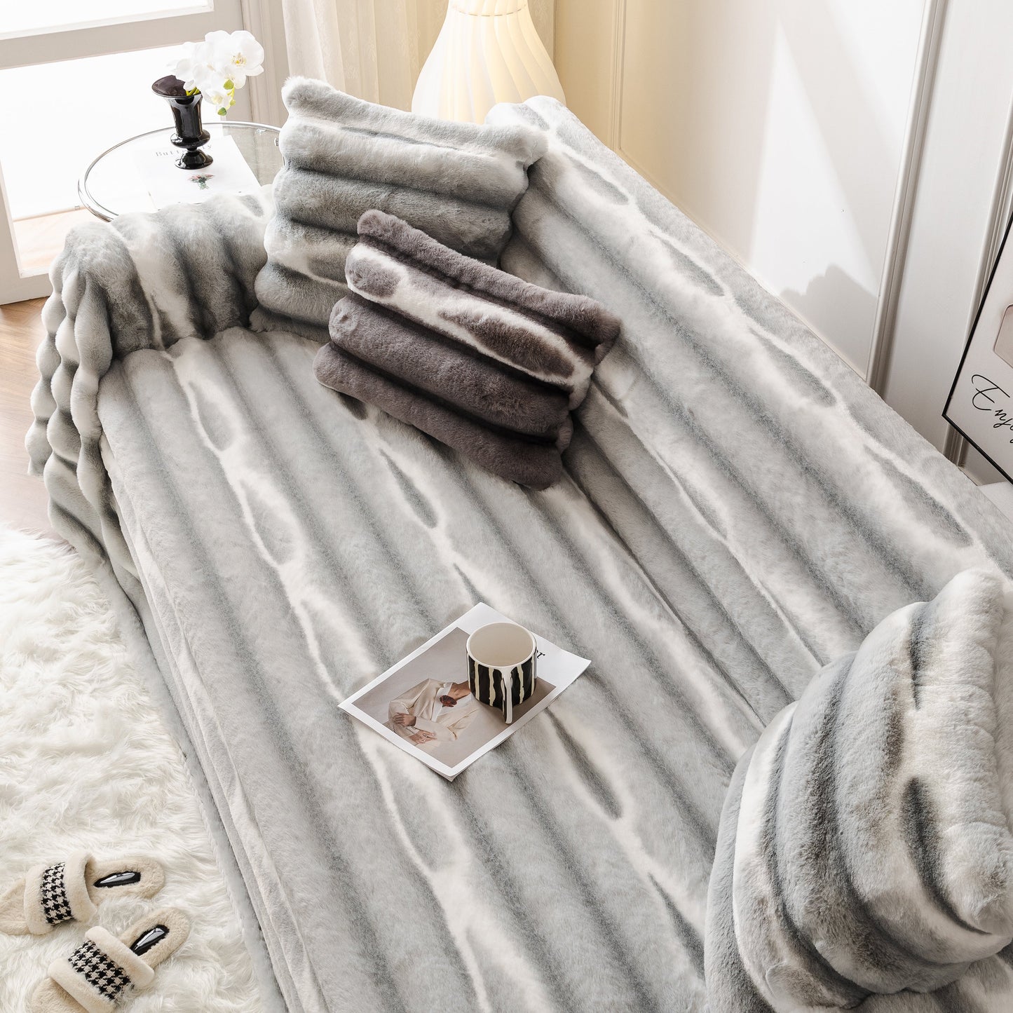 Ultra Soft Faux Fur Couch Cover – Large, Fluffy, and Elegant Sofa Throw Blanket on a stylish modern couch