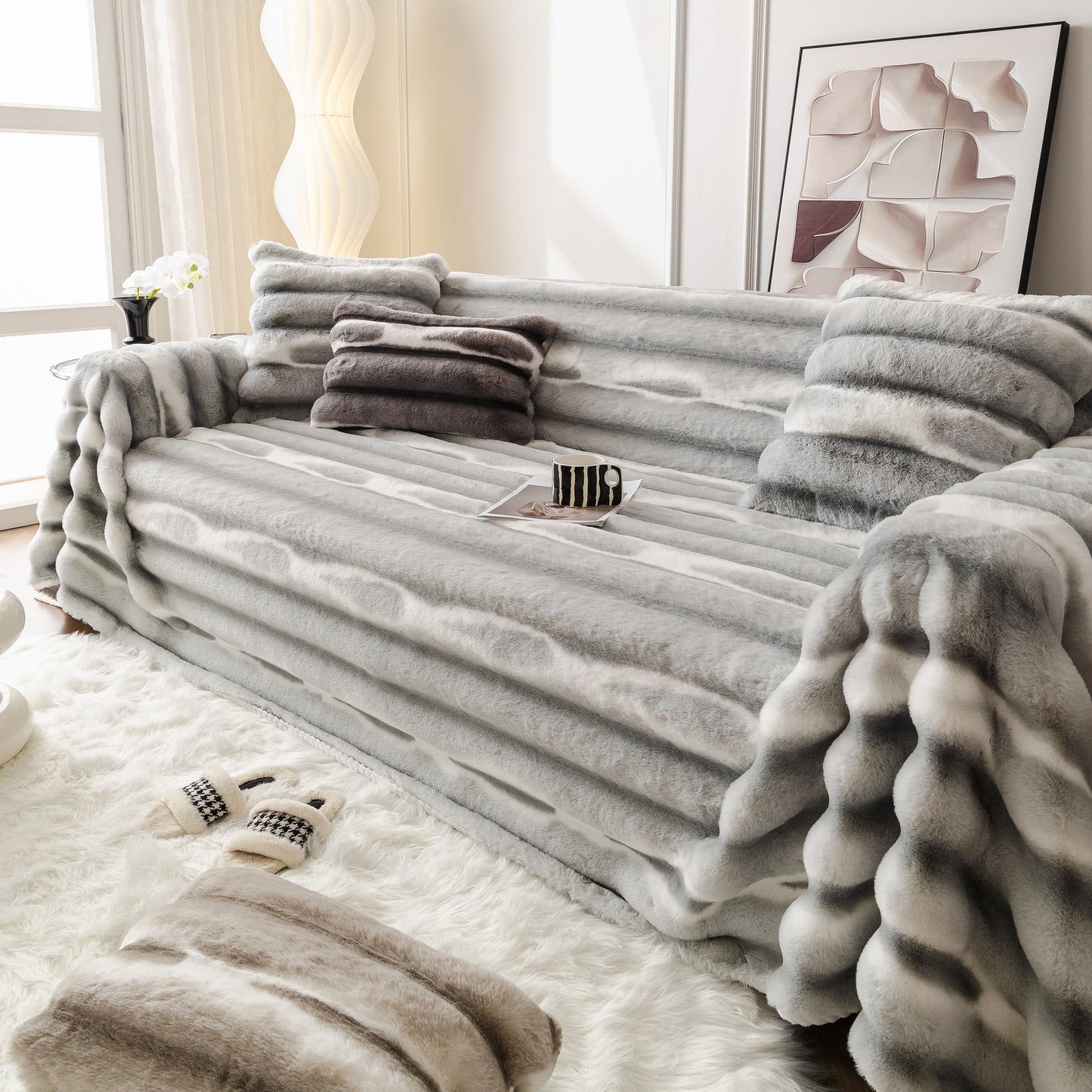 Ultra Soft Faux Fur Couch Cover – Large, Fluffy, and Elegant Sofa Throw Blanket on a modern sofa, enhancing style and comfort.