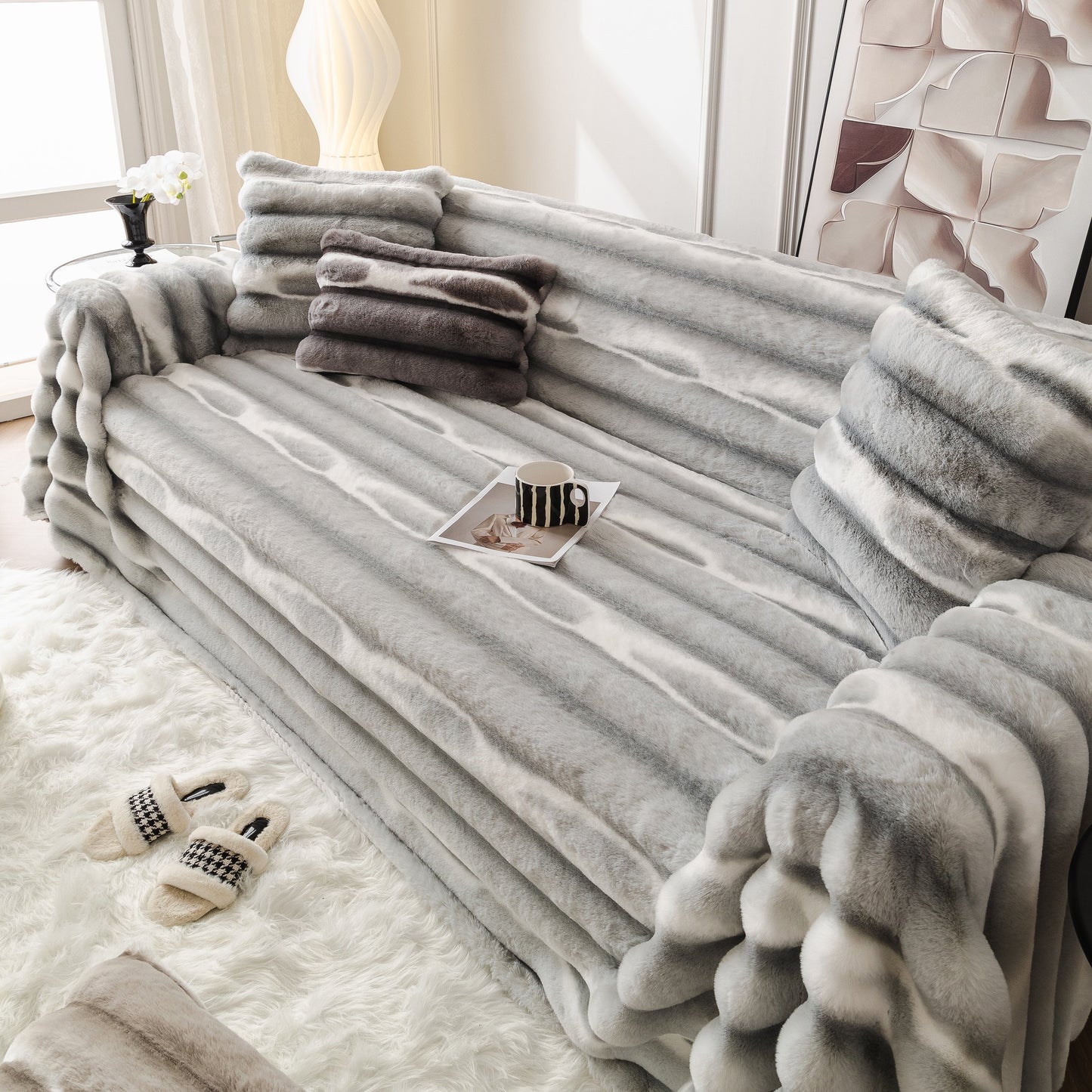 Ultra Soft Faux Fur Couch Cover – Large, Fluffy, and Elegant Sofa Throw Blanket on a modern living room sofa.
