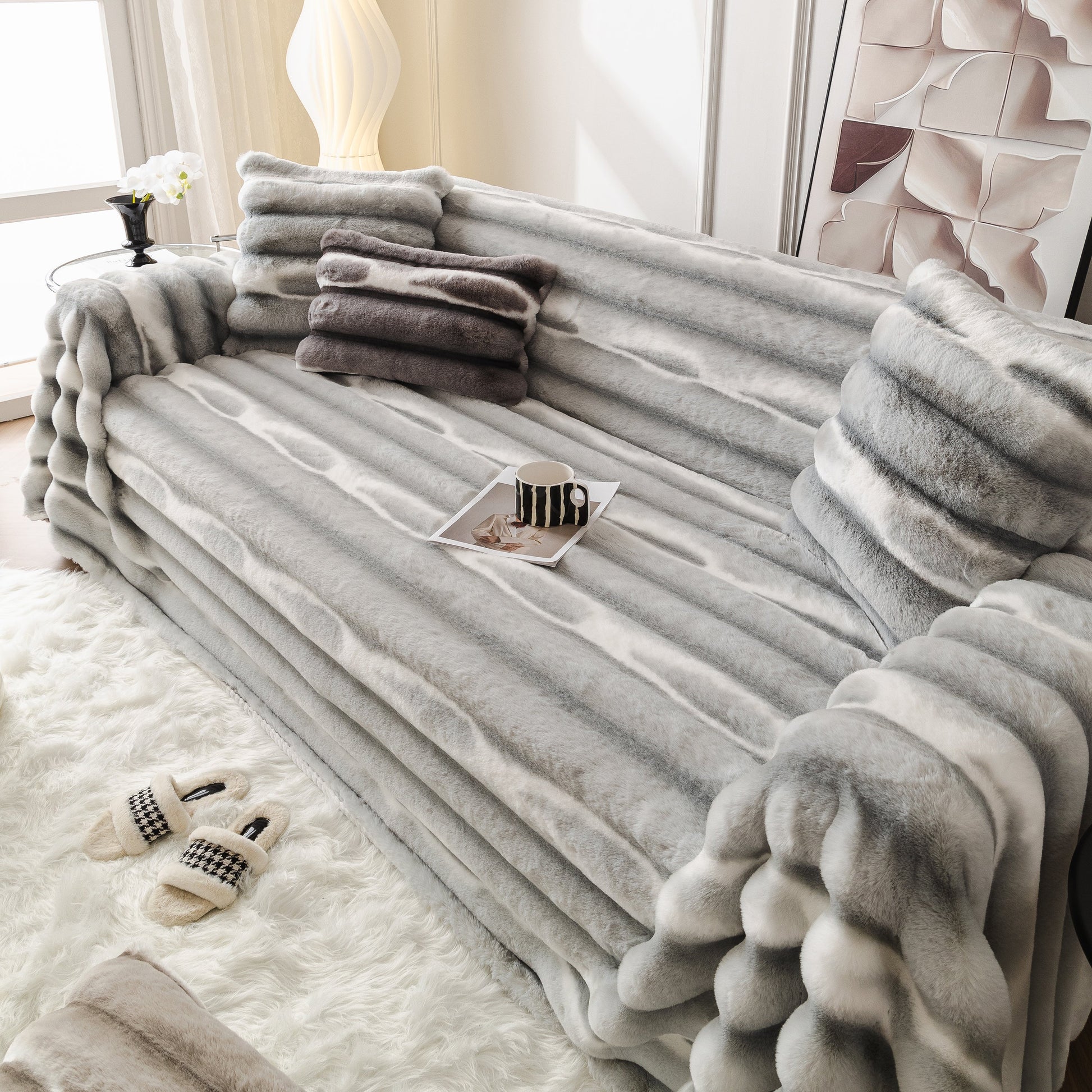 Ultra Soft Faux Fur Couch Cover – Large, Fluffy, and Elegant Sofa Throw Blanket on a modern living room sofa.